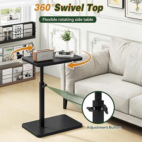 Miniatura 3 de IBUYKE Mesa de bandeja para sofá, mesa auxiliar giratoria de altura ajustable de 360 para espacios pequeños, con ranura para teléfono y tableta,