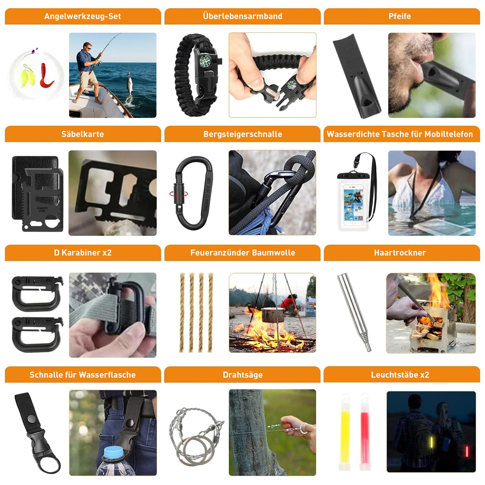 Kit de survie avec kit de premiers secours, 180 pièces, équipement de survie avec filtre à eau, paille, lampe de camping, pince multifonction, couteau pour homme, pince pliante, aventures de voyage