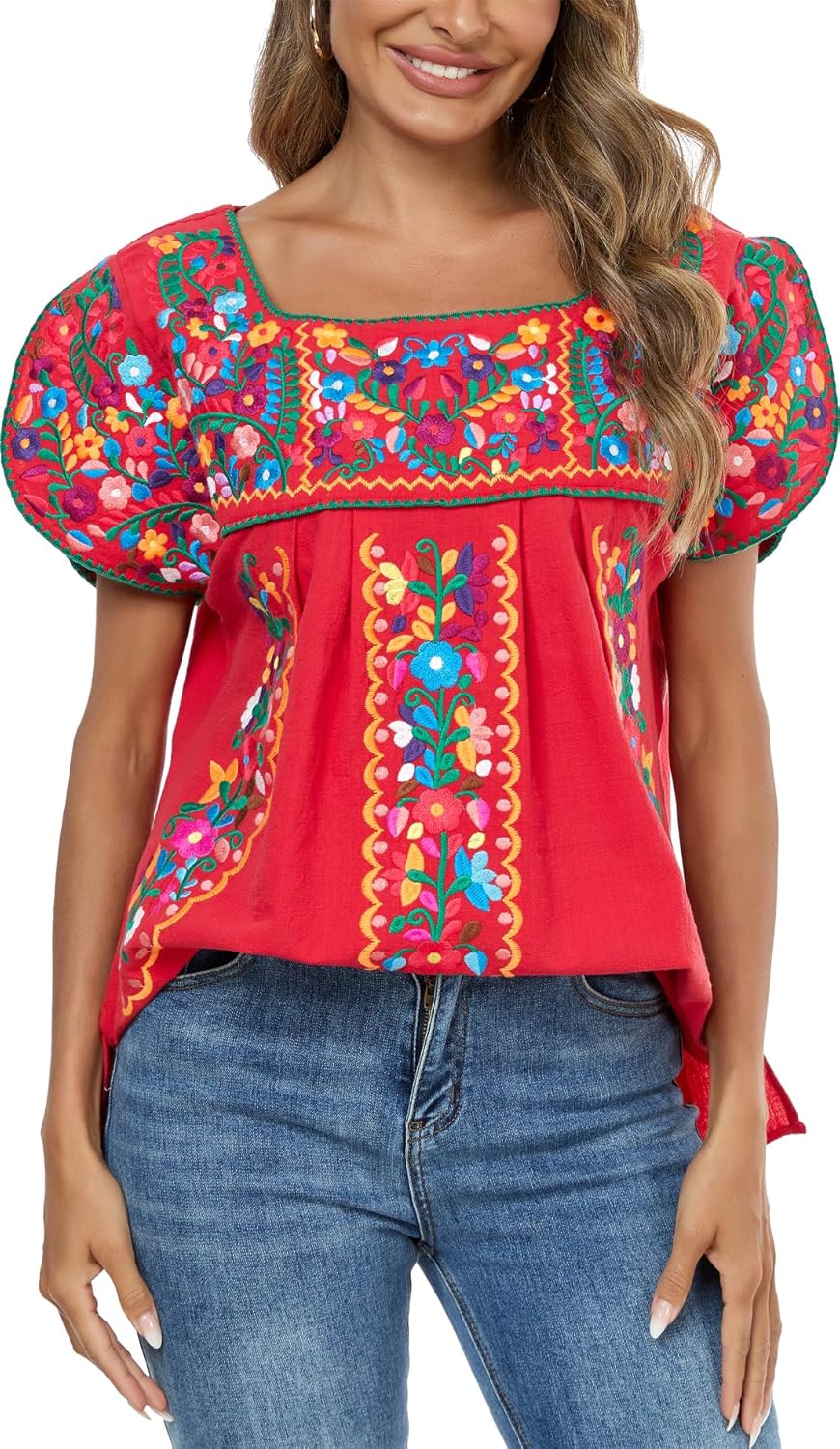 Mexican Shirts for Women Embroidered Tops Traditional Peasant Summer Tunic Blouse
