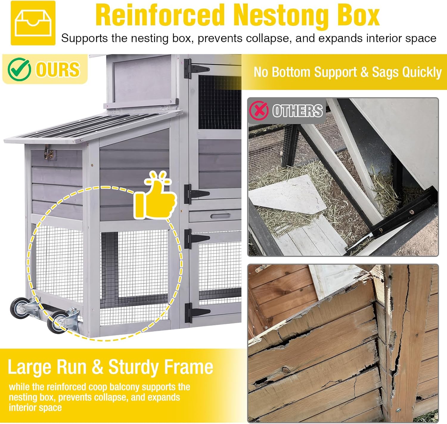 Aivituvin 83in Chicken Coop Mobile Hen House Outdoor Wooden Poultry Cage with Wheels Nesting Box Run for 4-6 Chickens