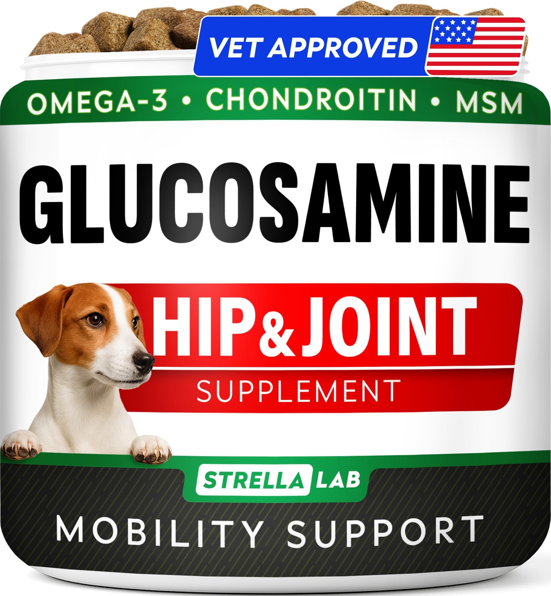 Glucosamine Treats for Dogs - Joint Supplement w/Omega-3 Fish Oil - Chondroitin, MSM - Advanced Mobility Chews - Joint Pain Relief - Hip & Joint Care - Peanut Butter Flavor - 120 Ct