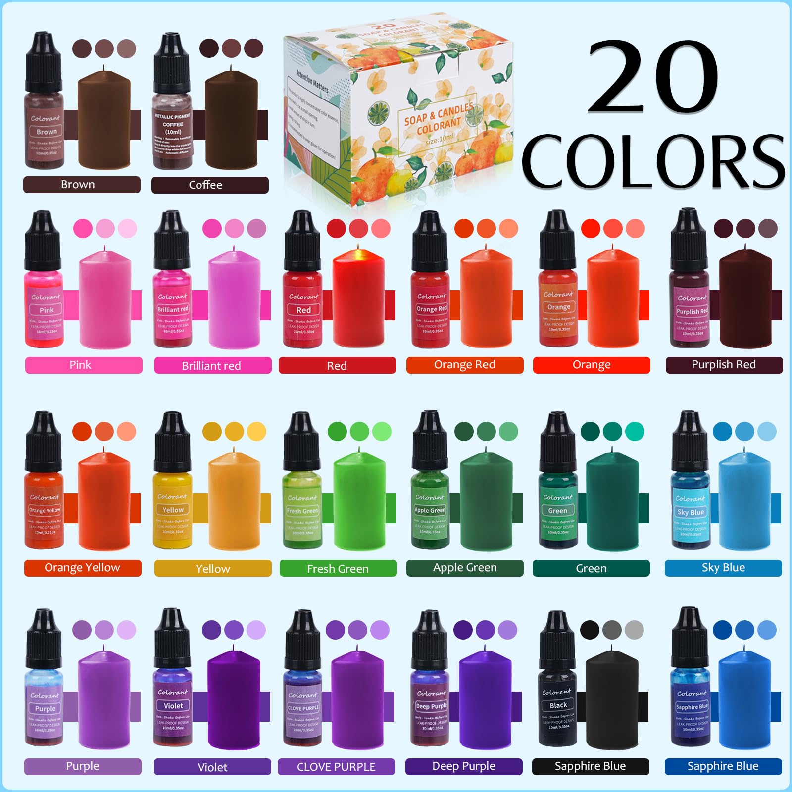 BLESTALIDO 20 Vibrant Colors Candle Dye - Highly Concentrated Liquid Candle Colorant for Soy Wax - Image 2