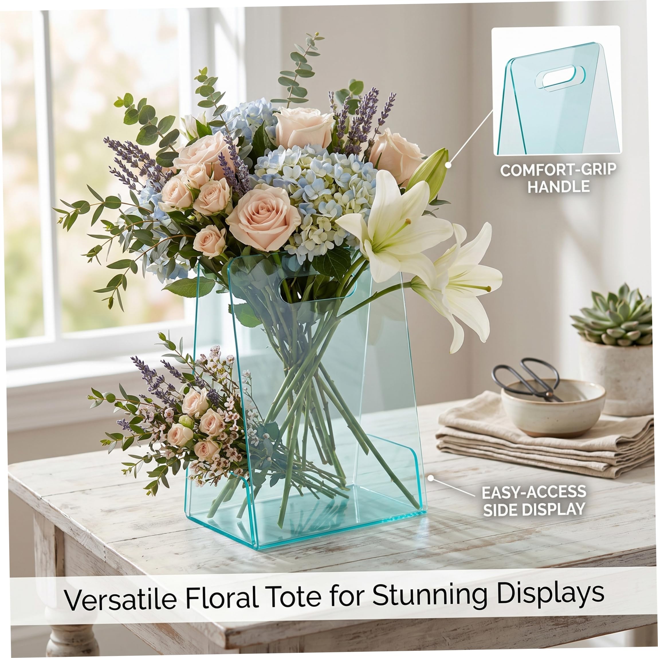 2 pezzi di fioriera in acrilico borsa di fiori trasparente con manici forniture scatola portatile portatile per matrimoni, compleanni, vacanze, trasparente