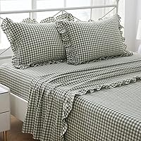 KMASANJI Sage Green Plaid Ruffle Queen Sheet Set - 4-Piece 100% Cotton Deep Pocket Farmhouse Bedding, 18" Pockets