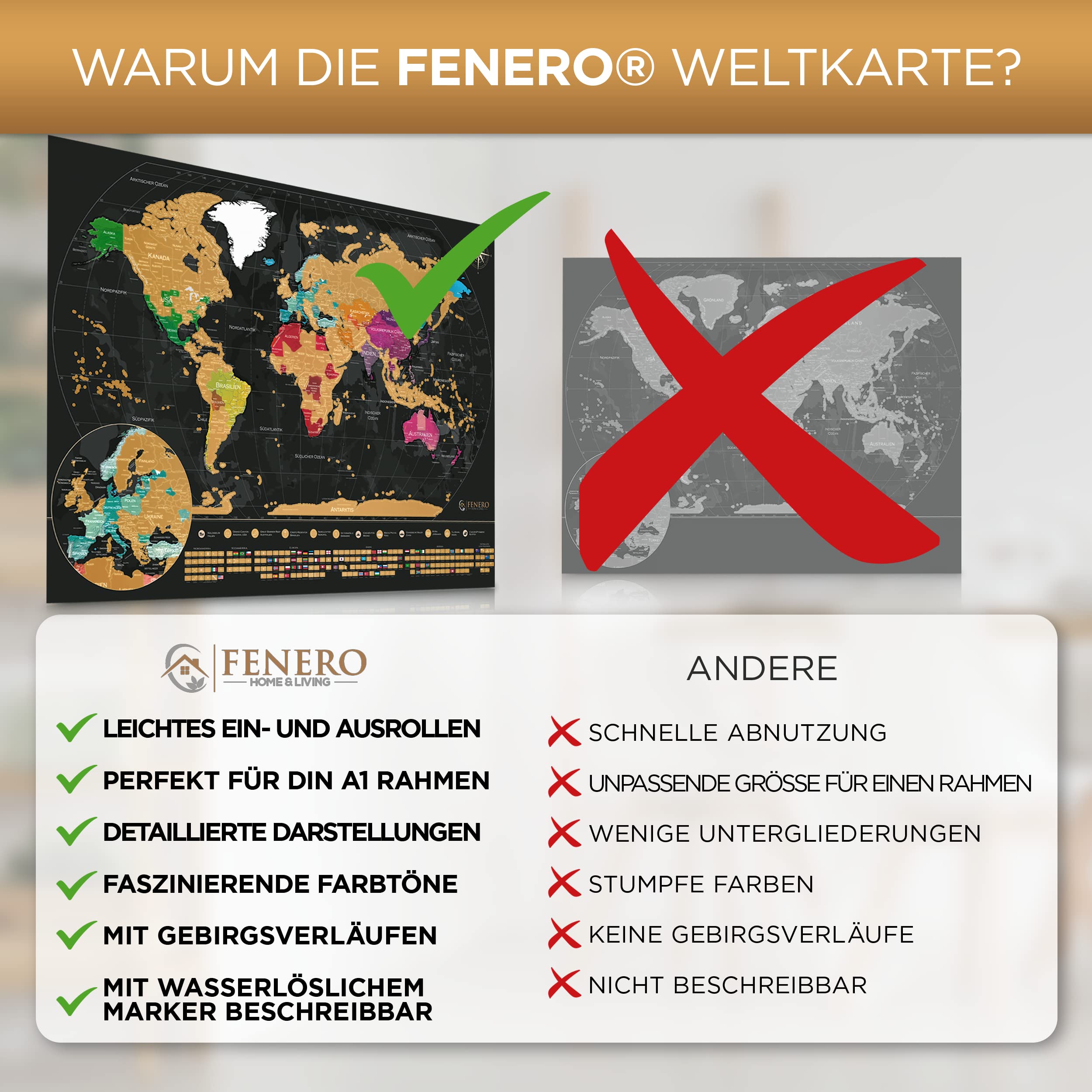 FENERO Weltkarte zum Rubbeln XXL [DIN A1] - aus exklusivem Kunststoff - Rubbel-Weltkarte Deutsch - Landkarte zum Rubbeln mit Marker, Plektrum & Täschchen - GOLD