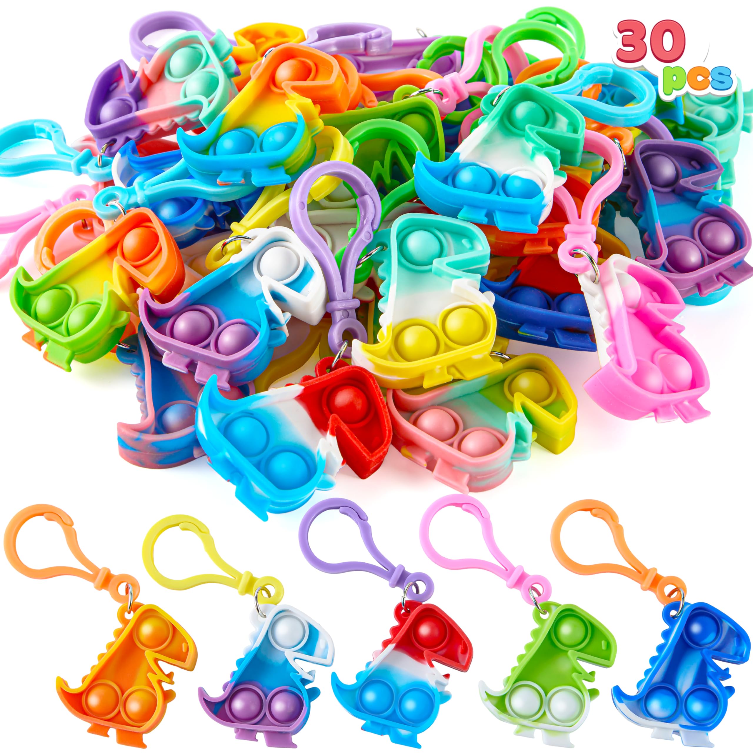 JOYIN 30 PCS Party Bag Fillers for Kids Dinosaur Pop Fidget Kerings Mini Fidget Toys for Kids Poppet Fidget Toy Stress Relief Squeeze Keychain Toys