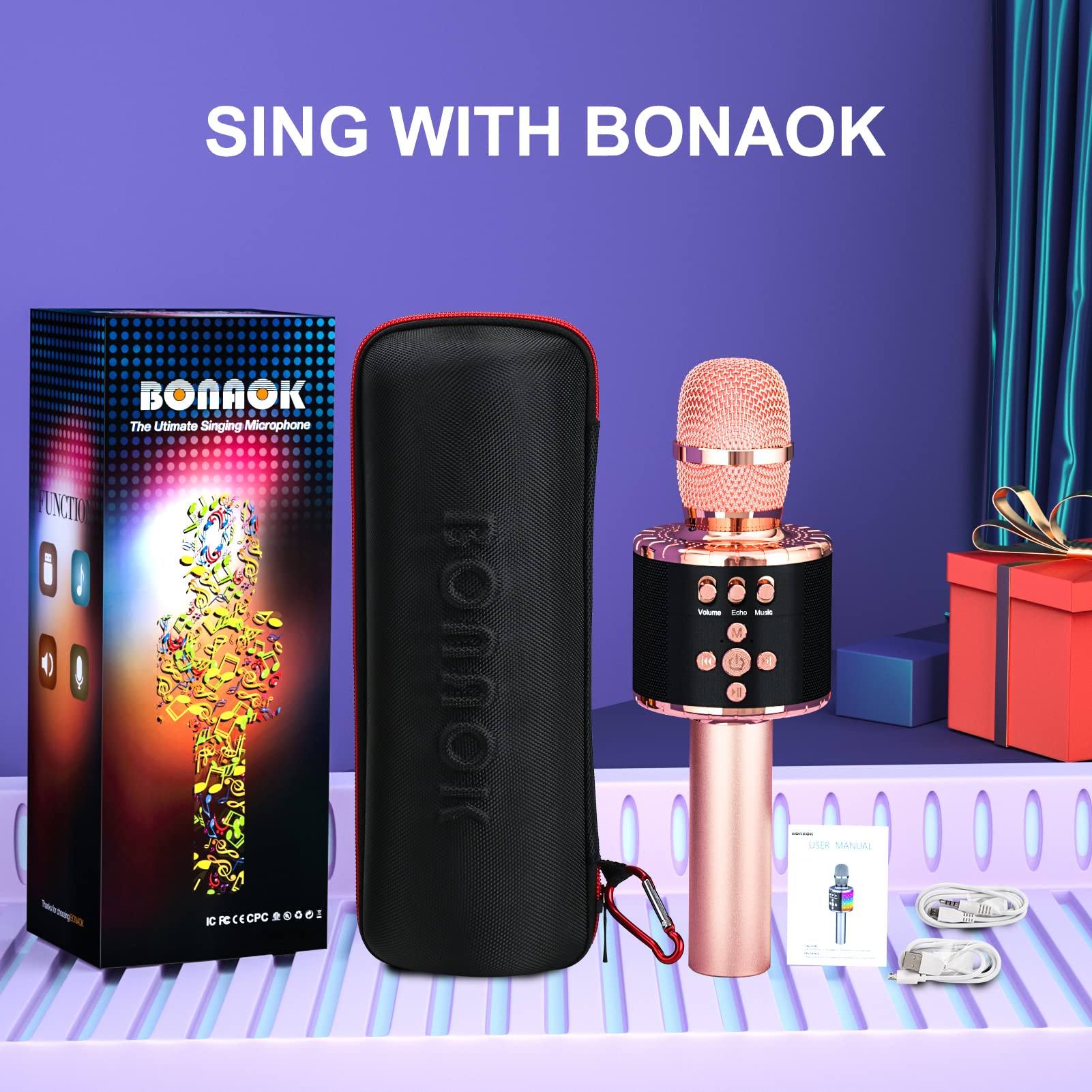 BONAOK Microfono Bluetooth per Karaoke Senza Fili con Luci LED Controllabili, Altoparlante Portatile per Karaoke di Compleanno, per Feste di Compleanno, per Android/PC (oro rosa)