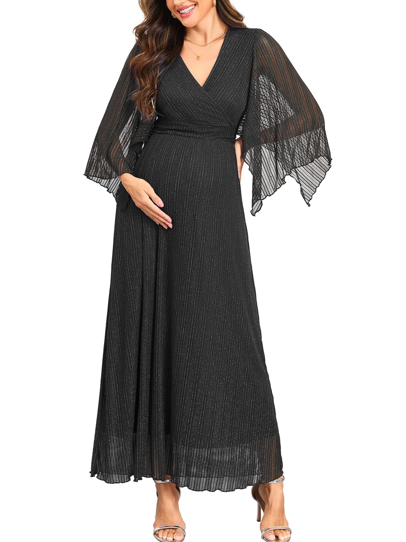 AISWI Maternity Sparkly Mesh Maxi Dress Handkerchief Sleeves Wrap V Neck Flowy Pregnancy Dresses Baby Shower Formal