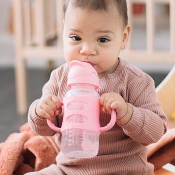 Dr. Brown's Milestones Sippy Straw Bottles, Pink - 8 oz Narrow & 9 oz Wide Neck, Weighted Straw, Spill-Proof, 100% Silicone Handles