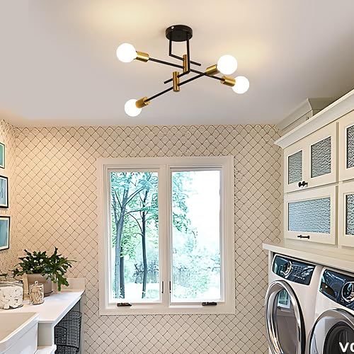 Miniatura 6 de Sputnik Lámpara de techo, 4 luces negras y doradas, lámpara de techo industrial semiempotrada moderna para dormitorio, sala de estar, cocina,