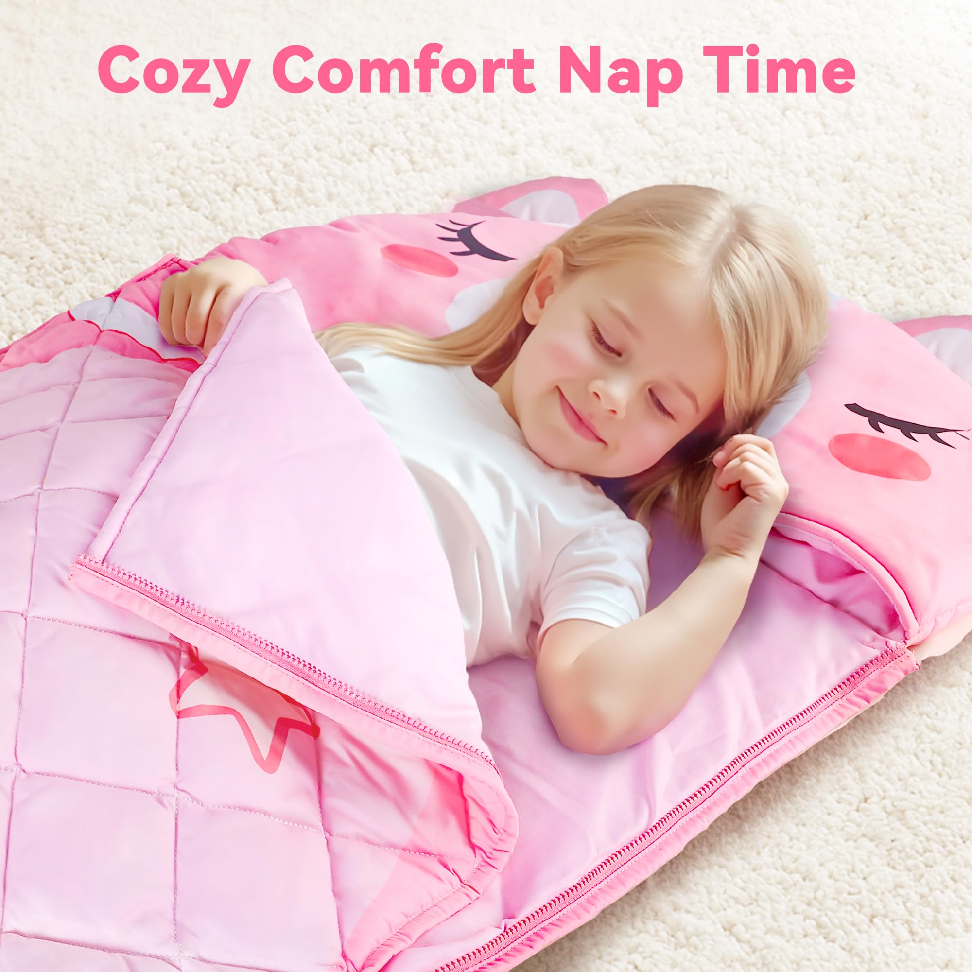 iPlay, iLearn Kid Sleeping Bag, Unicorn Slumber Sack, Toddler Girl Nap Mat, 2 In 1 Pink Animal Cushion Blanket, Happy Travel Sleepover Daycare Preschool Birthday Gift for 3 4 5 6 Year Old Child Summer