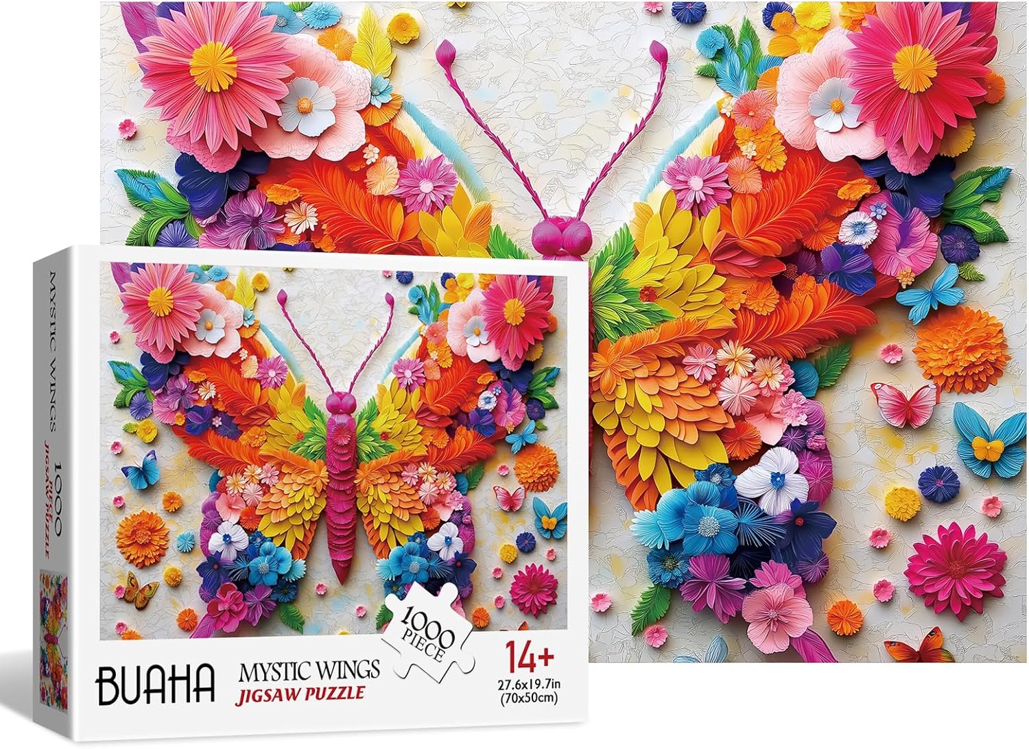 3D Colorful Butterfly Flower Puzzles for Adults 1000 Pieces Beautiful Floral Art Jigsaw Puzzles Impossible Challenging Aesthetic Puzzle as Family Game Decor