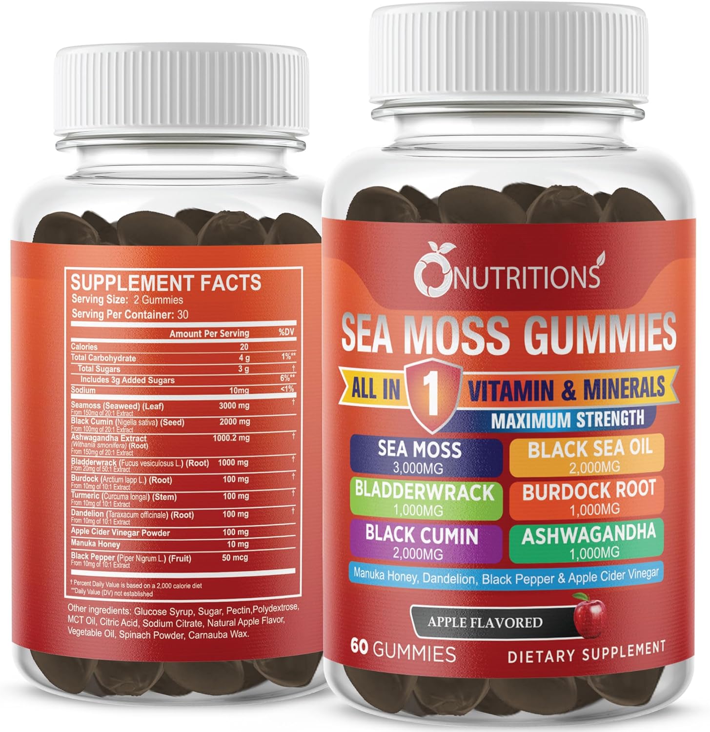 O Nutritons All-in-1 Supplement with Sea Moss: 3000mg Sea Moss, 2000mg Black Seed Oil, 1000mg Ashwagandha, Turmeric, Bladderwrack, Burdock, ACV, Black Pepper (60 Gummies, Apple Gummies)