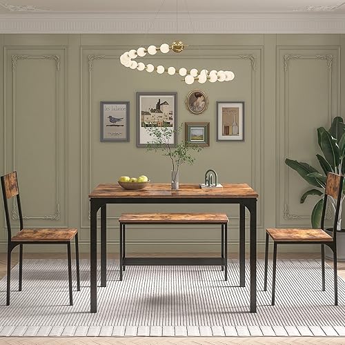 Miniatura 3 de soges Juego de mesa de comedor de 4 piezas, juego de mesa de cocina de 43.3 pulgadas para 4, juego de comedor con 2 sillas y banco con estante de