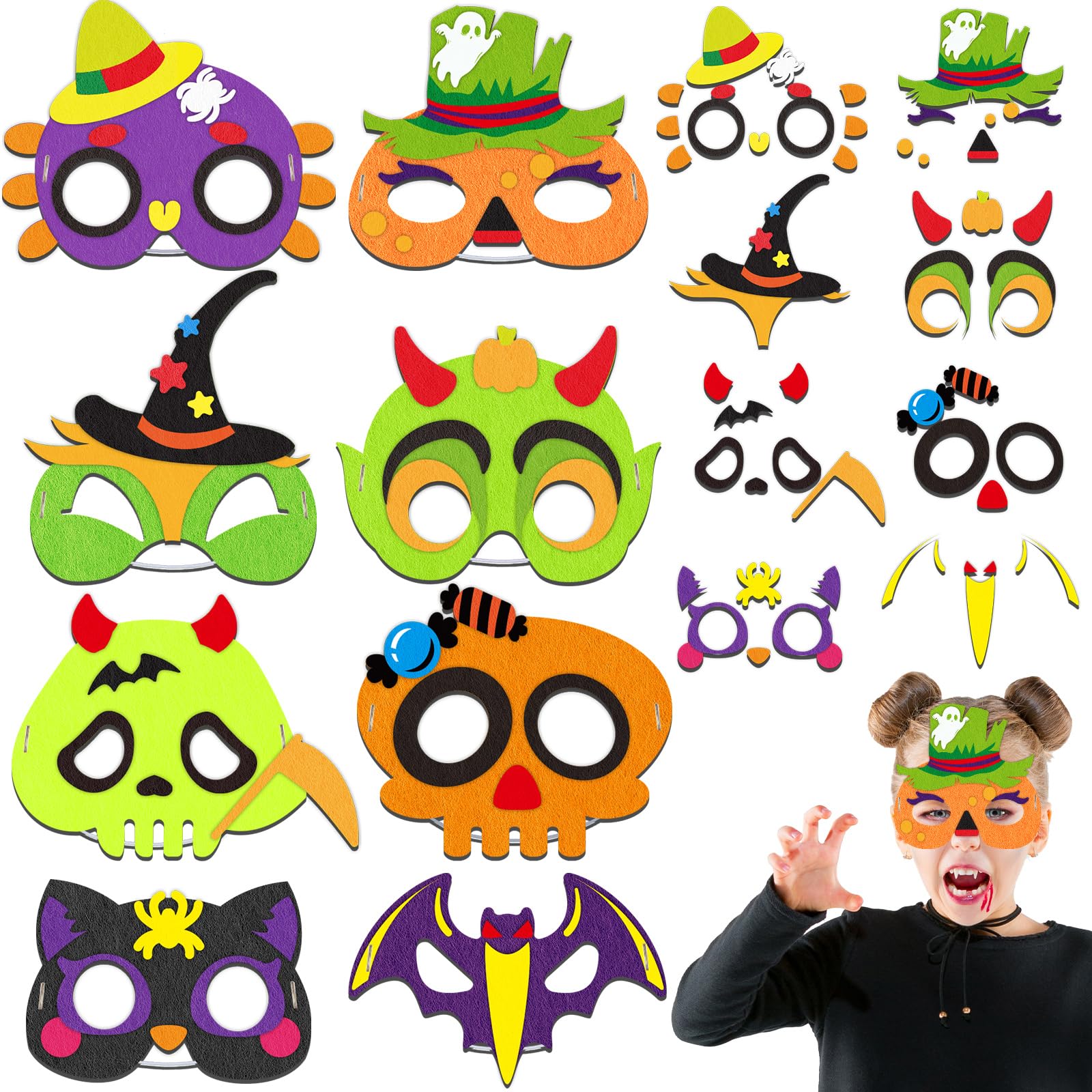 Qyeahkj16 Packs Halloween Monster Felt Mask Craft Kit for Kids, Ages 3-5, 4-8, 8-10, Monster Foam Crafts for Home Party Activity