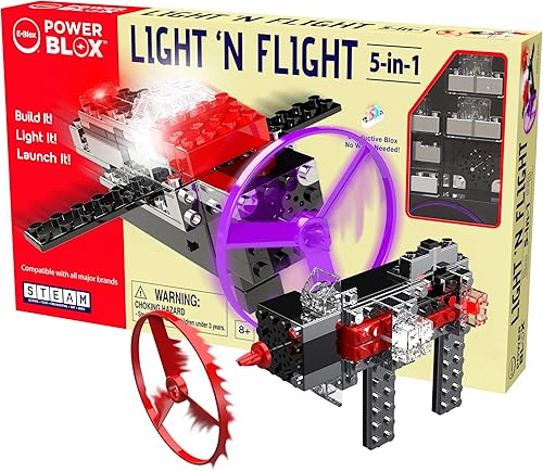 E-Blox Power Blox Light N' Flight 5 en 1 STEM Kit (58 piezas), bloques de construcción con luz LED y juego de juguetes de lanzamiento de ventilador,