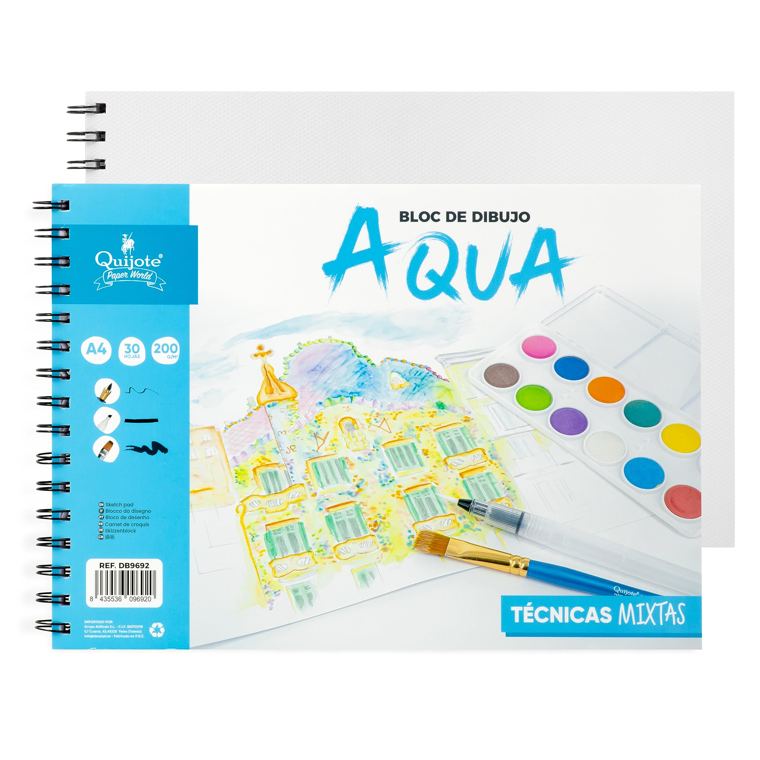 Quijote Paper World Bloc de dibujo - Aqua, A4 Liso 200gr 30 hojas - Ideal para bocetos con acuarela y técnicas mixtas