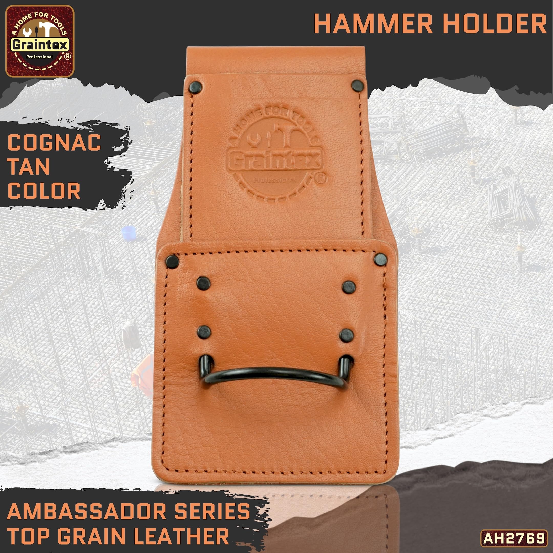Graintex Hammer Holder Ambassador Series Color Top Grain Leather Hammer Loop, Leather Tool Holster, Construction Workers, Electricians, Framers, Drywall Contractors