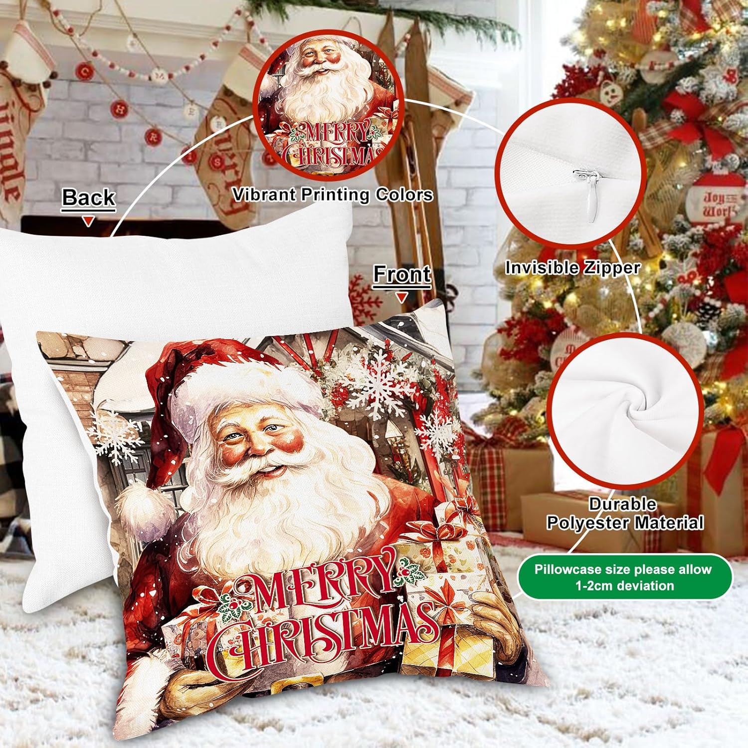 Lanpn Vintage 24x24 Christmas Throw Pillow Covers Set of 4, Xmas Decorations Cushion, Retro Santa Claus Pillowcase, Winter Holiday Decorative Pillow Case, Indoor Home Bedroom Sofa Couch Decor