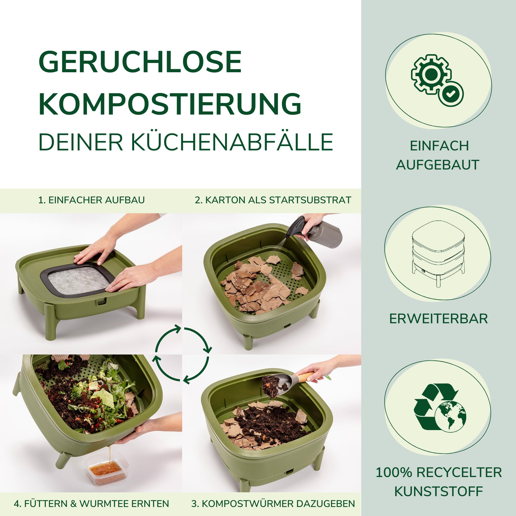 Natursache Wurmkomposter kaufen, Klein & Indoor, Wurmkiste für Balkon & Garten, Starterset + Zubehör (Mit Würmer + Zusatzetage, Grün)