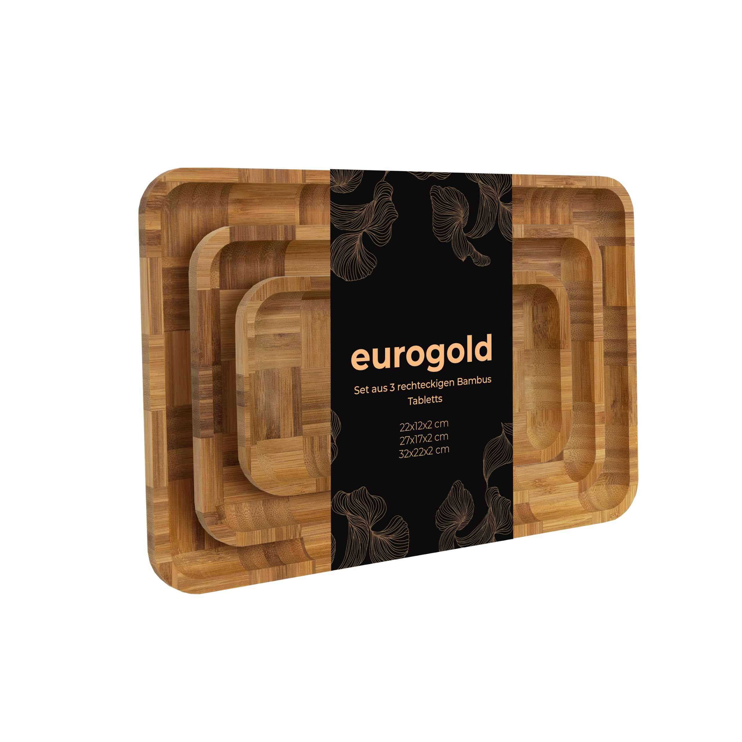 EUROGOLD Bambus Tablett rechteckig 3er Set für Küche & Tisch