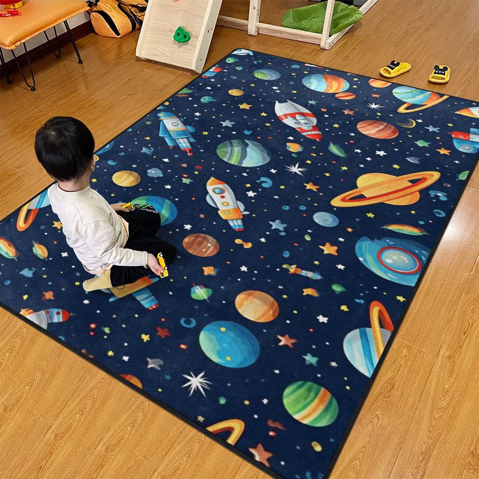 Kids Rug, Space Playmat Rugs - 5x7 Ft Kids Carpet with Rubber Backing, Colorful Cartoon Outer Space, Planet, Rocket, Spaceship Play Mat Nursery Rugs for Children Bedroom Playroom Living Room