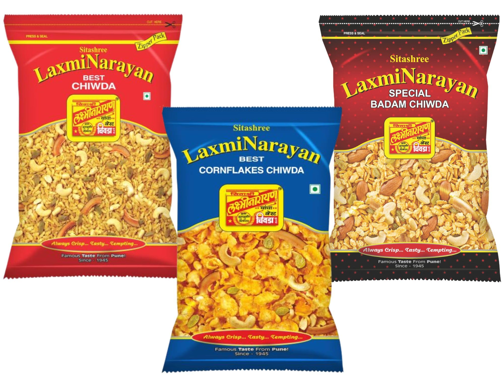 Sitashree Laxminarayan Chiwda - Pack of 3 (1 Poha Chiwda 500g +1 Badam Chiwda 500g + 1 Cornflakes Chiwda 500g)