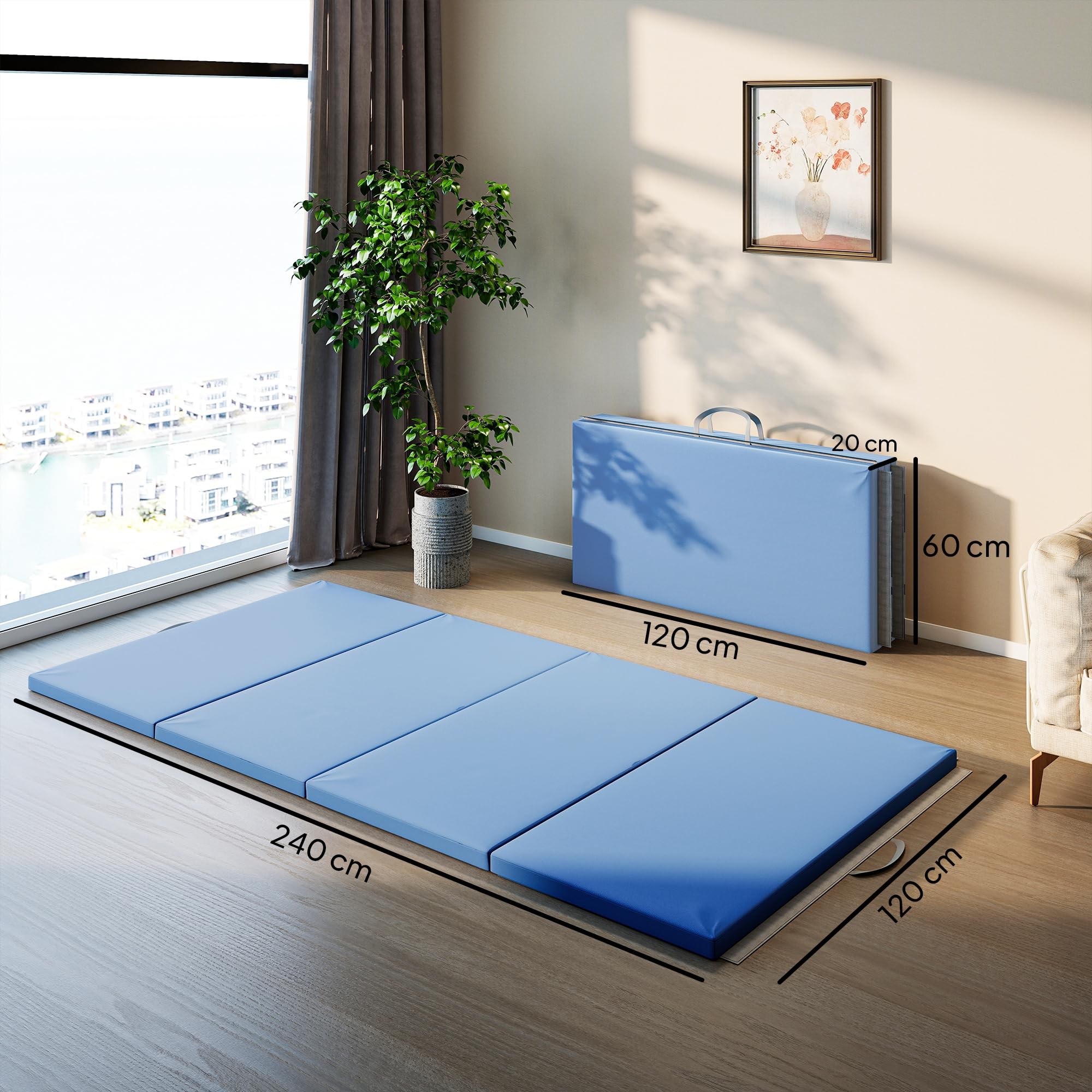 HOMCOM Trainingsmatte, Faltbare Fitnessmatte Sportmatte mit Griffen Gymnastikmatte Gymnastik Tumbling Matte für Yoga, MMA, Fitness, Pilates, Synthetikbezug, Hellblau, 240 x 120 x 5 cm