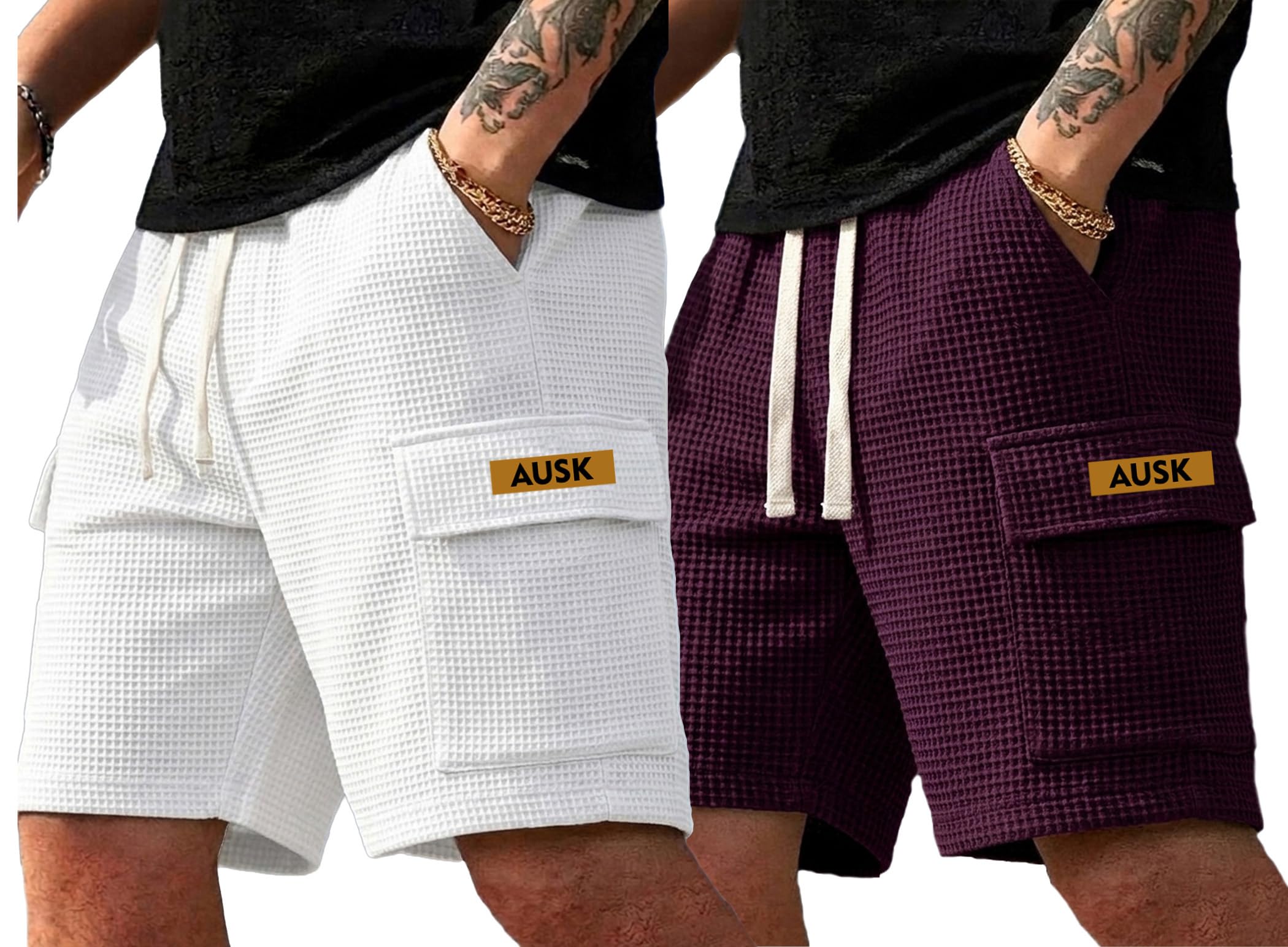 ausk Relaxed Fit Cargo Shorts for Mens | Premium Waffle Fabric Half Pants with Side Pockets | Summer Casual Shorts for Mens-picture-34