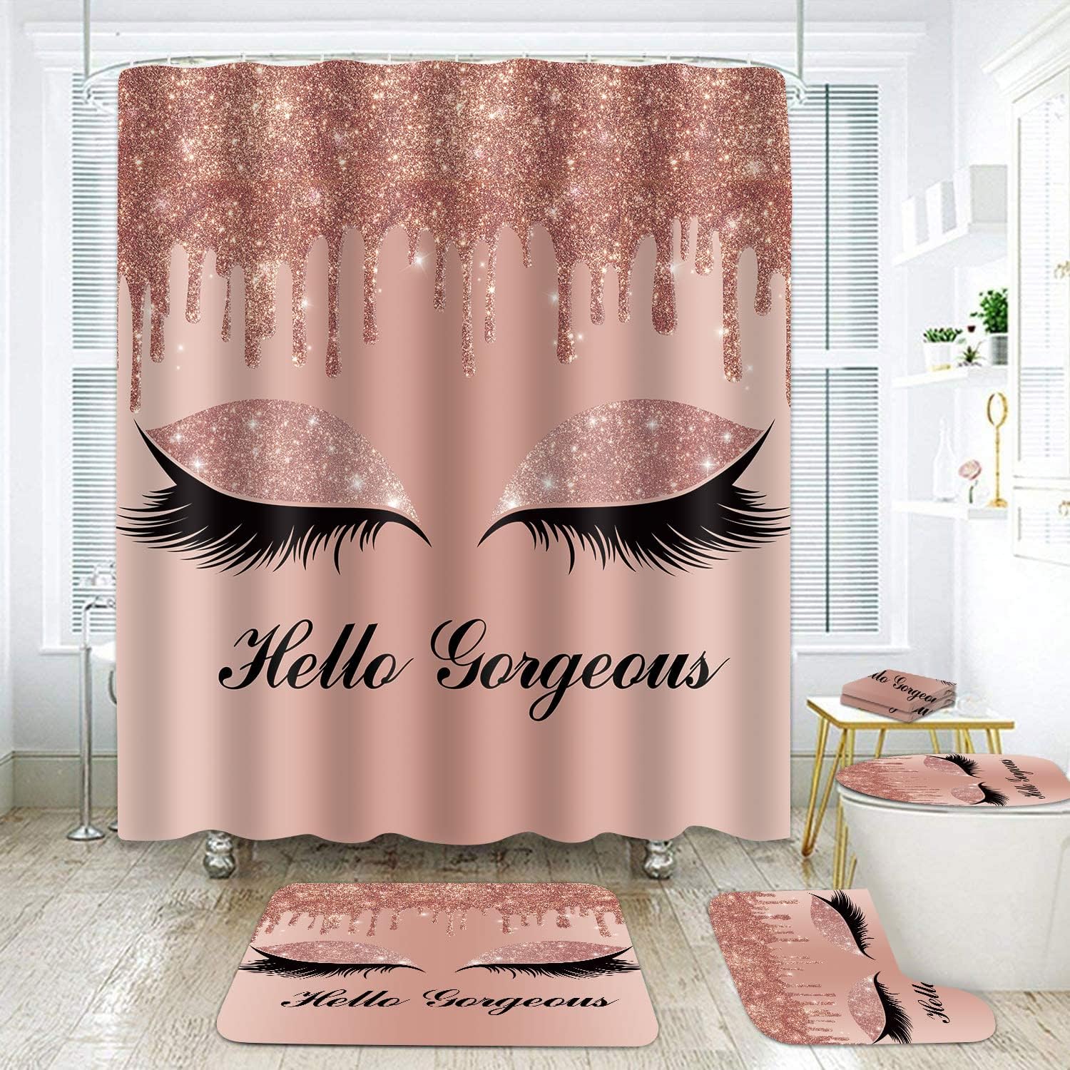 SDDSER 7 PCS Hello Pink Bathroom Sets with Rose