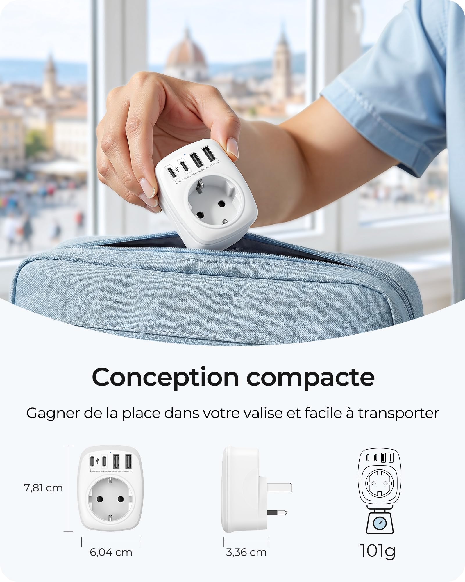 LENCENT Adaptateur Prise Anglaise UK Voyage 2 USB 2 Type-C FR vers GB 3 Broches Type G