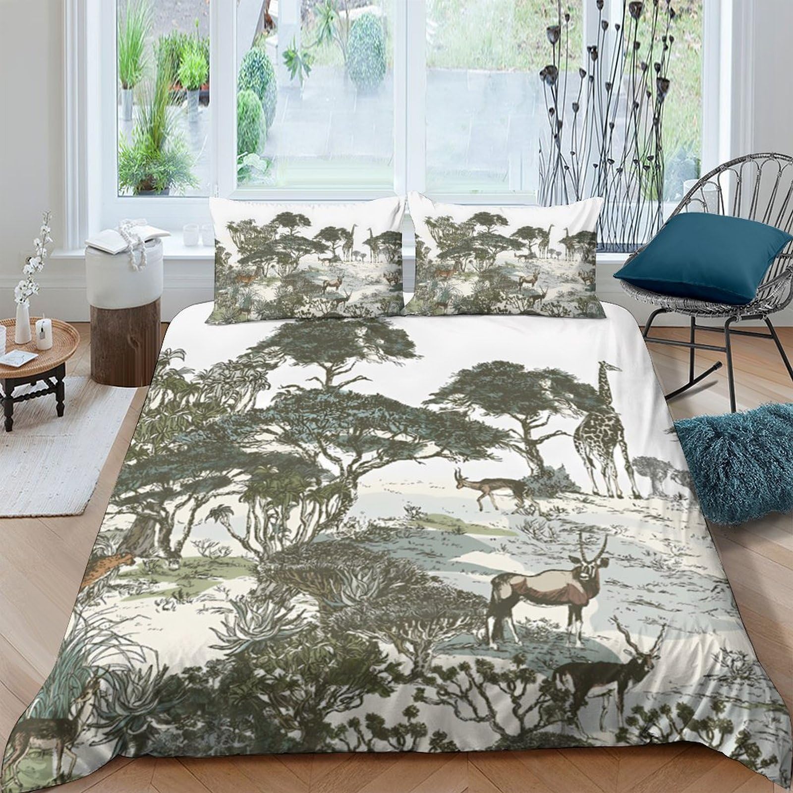 GPLZQXKJNH 3D Printed Forest Wildlife Duvet Cover Microfiber Breathable Safari Landscape Bedding Set with 2 Pillowcases for Bedroom Decor Single（135x200cm）