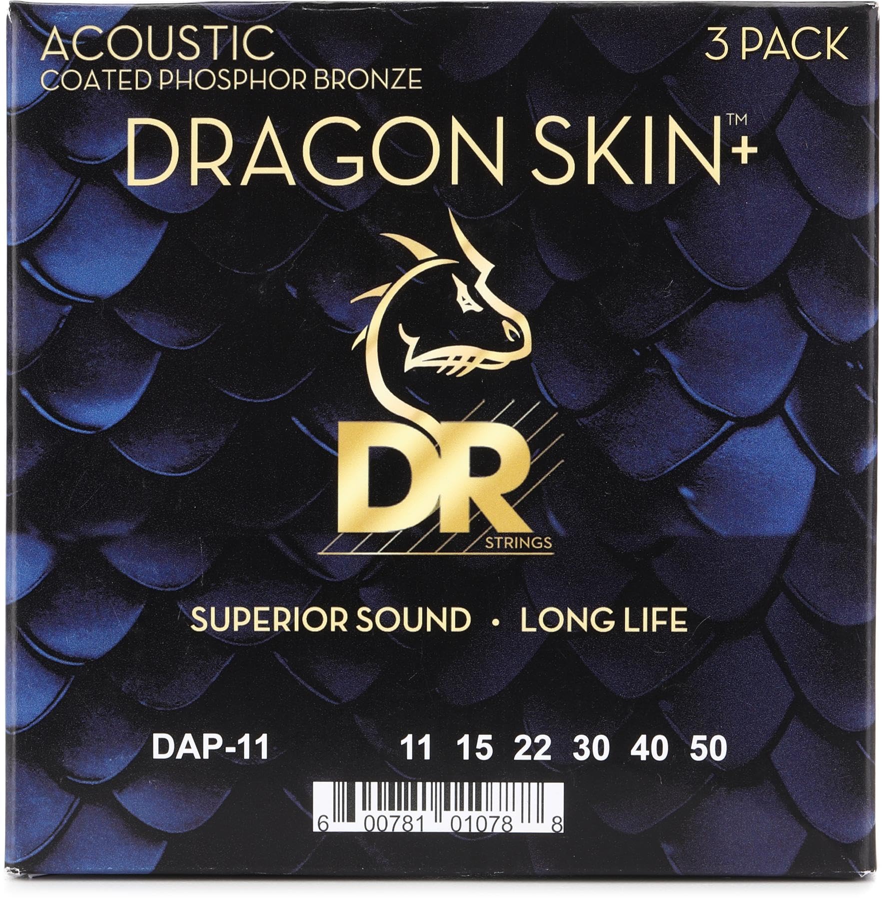 DR Dragon Skin+ - Corde per chitarra acustica in bronzo fosforo, confezione da 3 pezzi, Custom Light 11-50, corde rivestite con suono caldo, lunga durata e suonabilità equilibrata