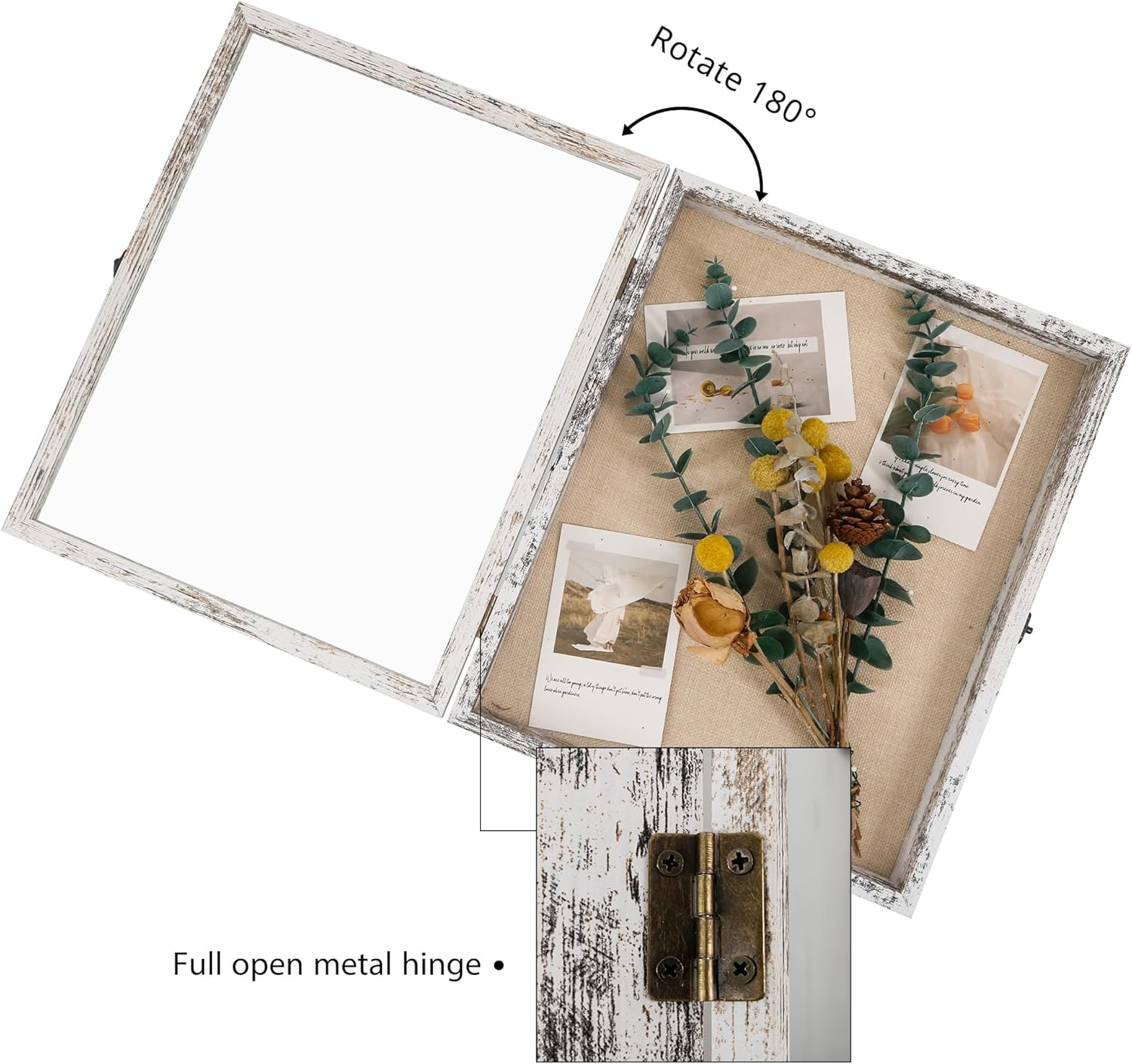 GraduationMall 13x16 Wood Shadow Box Frame Glass Door Display Case with Linen Back and 6 Stick Pins,1.5 inches Interior Depth,Ideal for Memorabilia Pictures Flowers Medals Tickets Rustic White