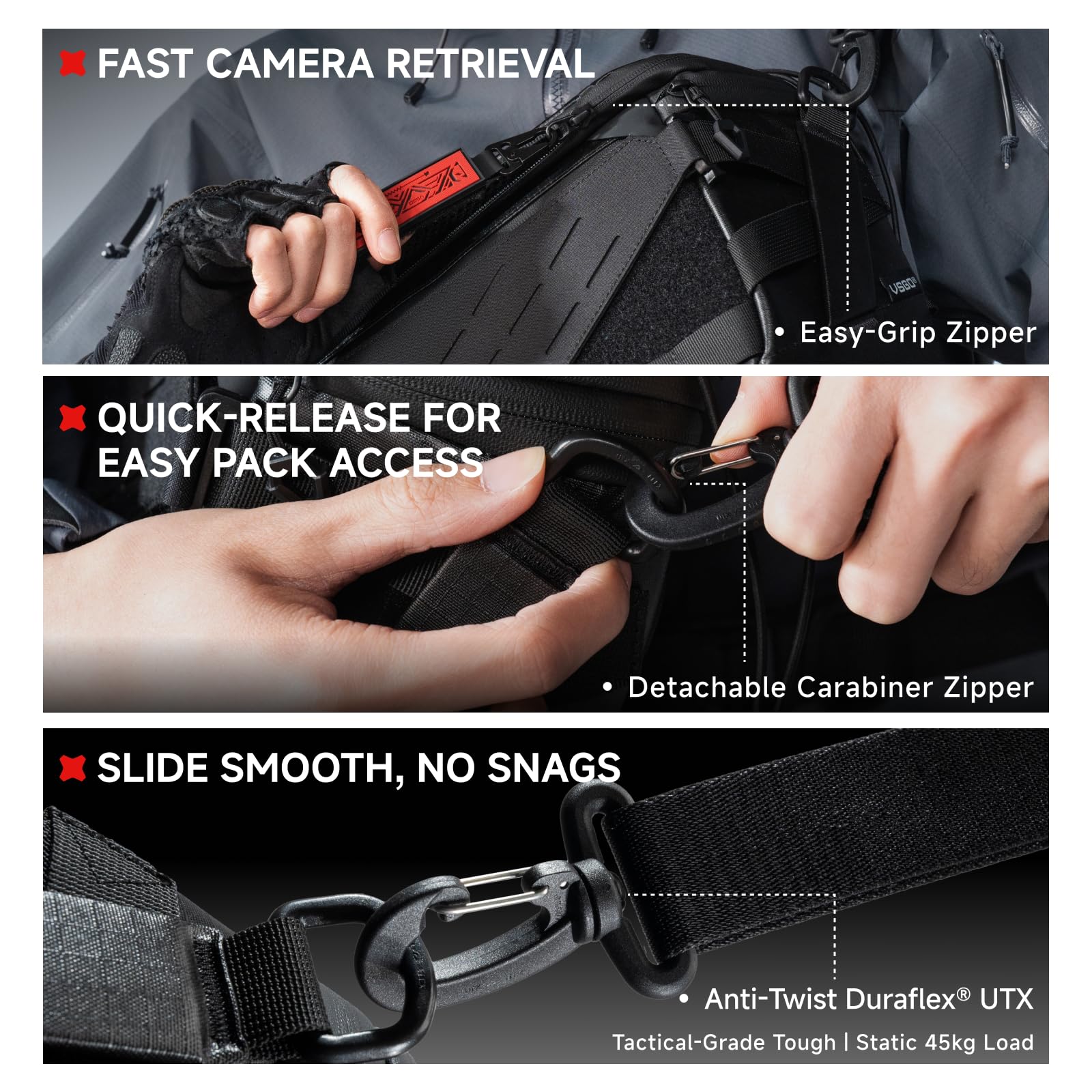 VSGO Black Snipe Pro 7-9L Erweiterbare Kameratasche – Wasserabweisender Techwear-Stoff, Anti-Drehung, Modulare Trennwände & Stativhalter, Leichte Professionelle Kameratasche – Schwarz