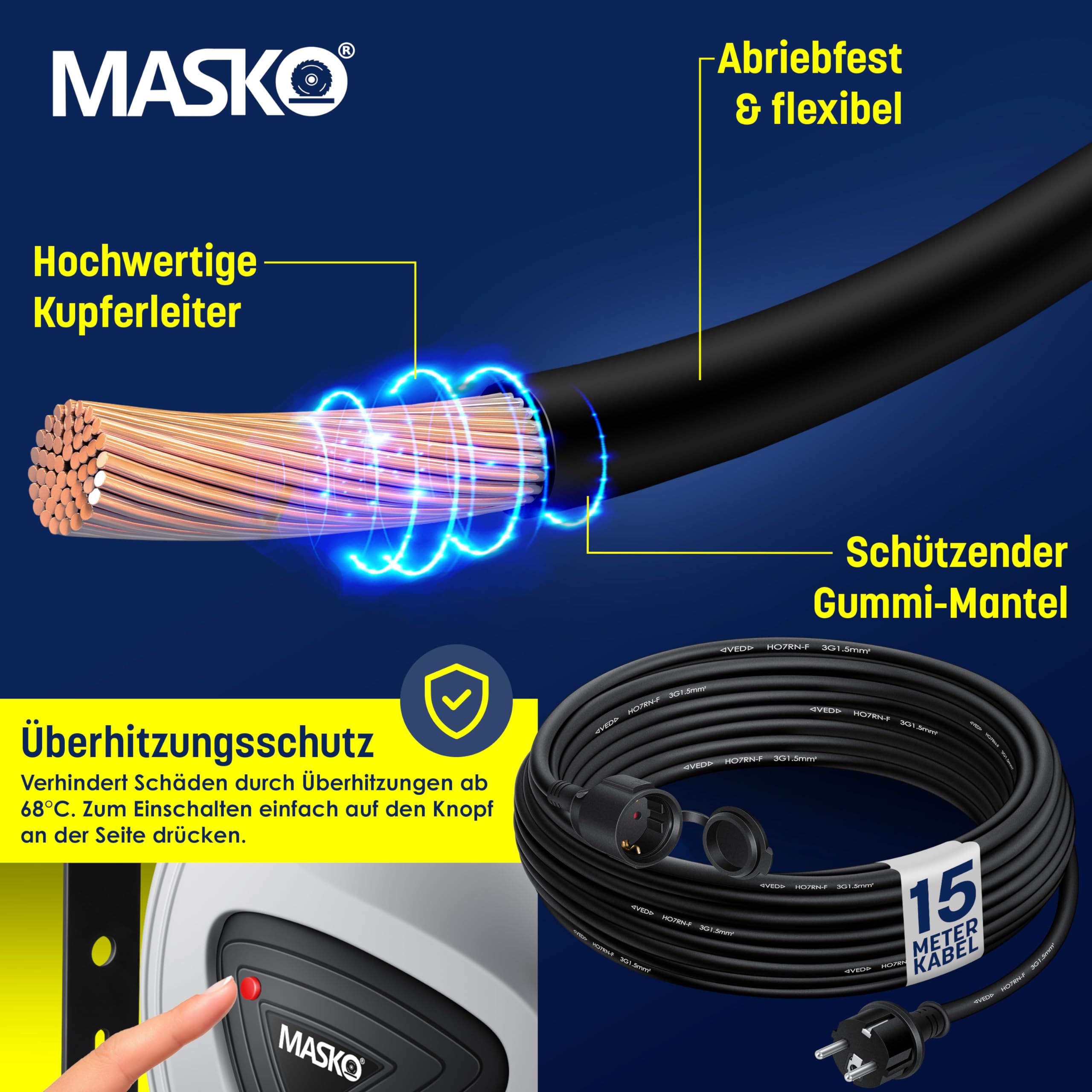 MASKO® Avvolgicavo automatico Cavo di prolunga con collegamento a 3 vie Ruotabile di 180° Cavo da 1,5 m Staffa a muro Avvolgicavo da officina Avvolgitore di corrente automatico Incl. guanti - 15 m