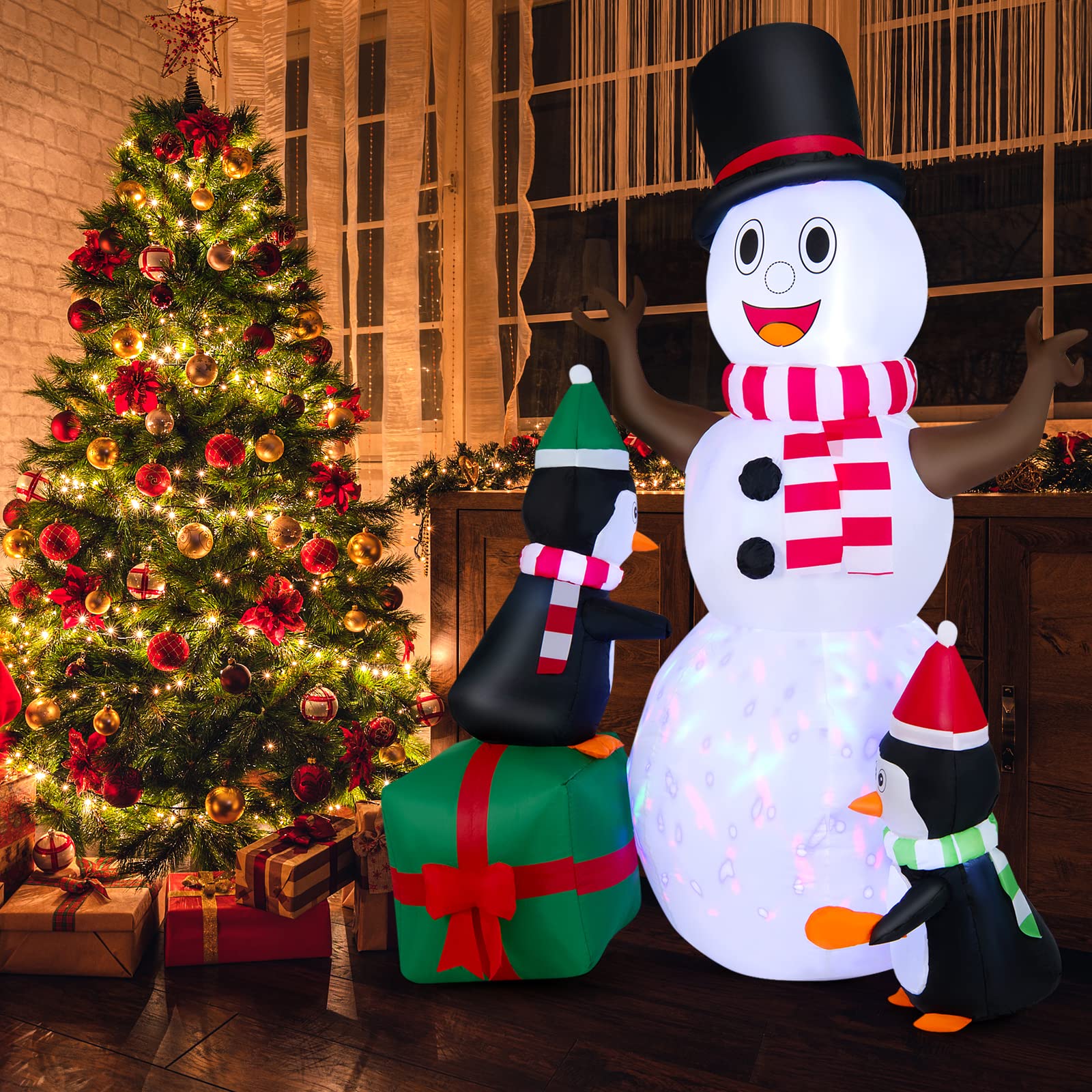 COSTWAY 180CM Aufblasbarer Schneemann mit Pinguinen, Weihnachten Deko draußen XL, Weihnachtsdeko Outdoor mit bunten LED Lichtern, Festdekoration selbstaufblasend