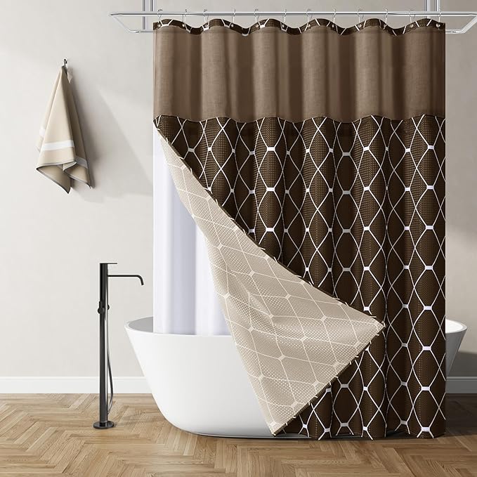 Naturoom Brown Fabric Shower Curtain with Snapin Fabric Liner Brown and White