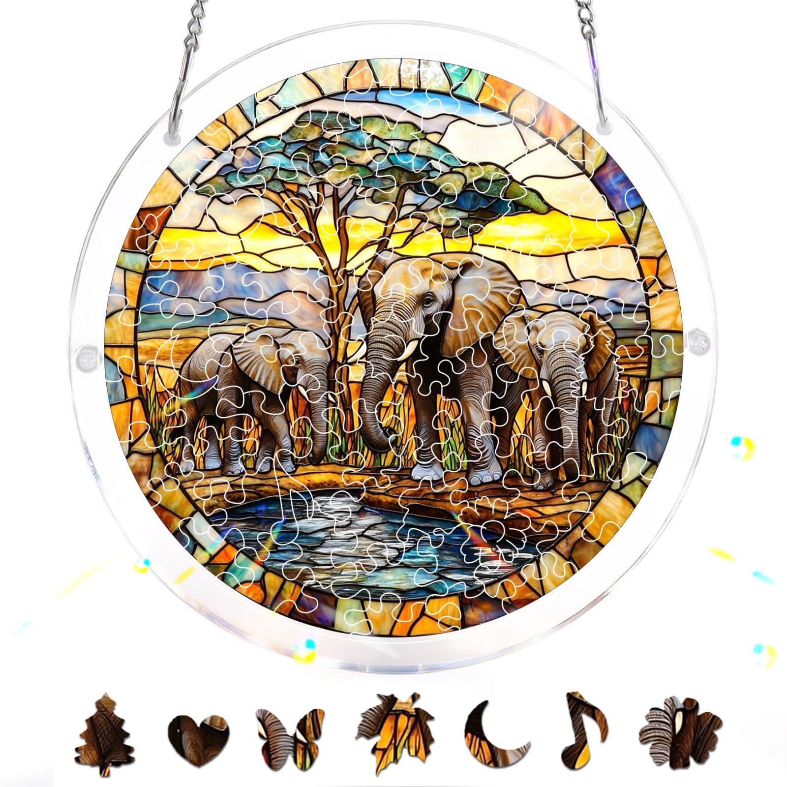 Bimkole 83 Pieces Acrylic Jigsaw Puzzle Suncatcher - Elephant, Stained Glass Window Hanging Pendant, Home Decor Creative Mom Gifts, Sun Catcher Decor for Garden Home Birthday Gifts 18 cm