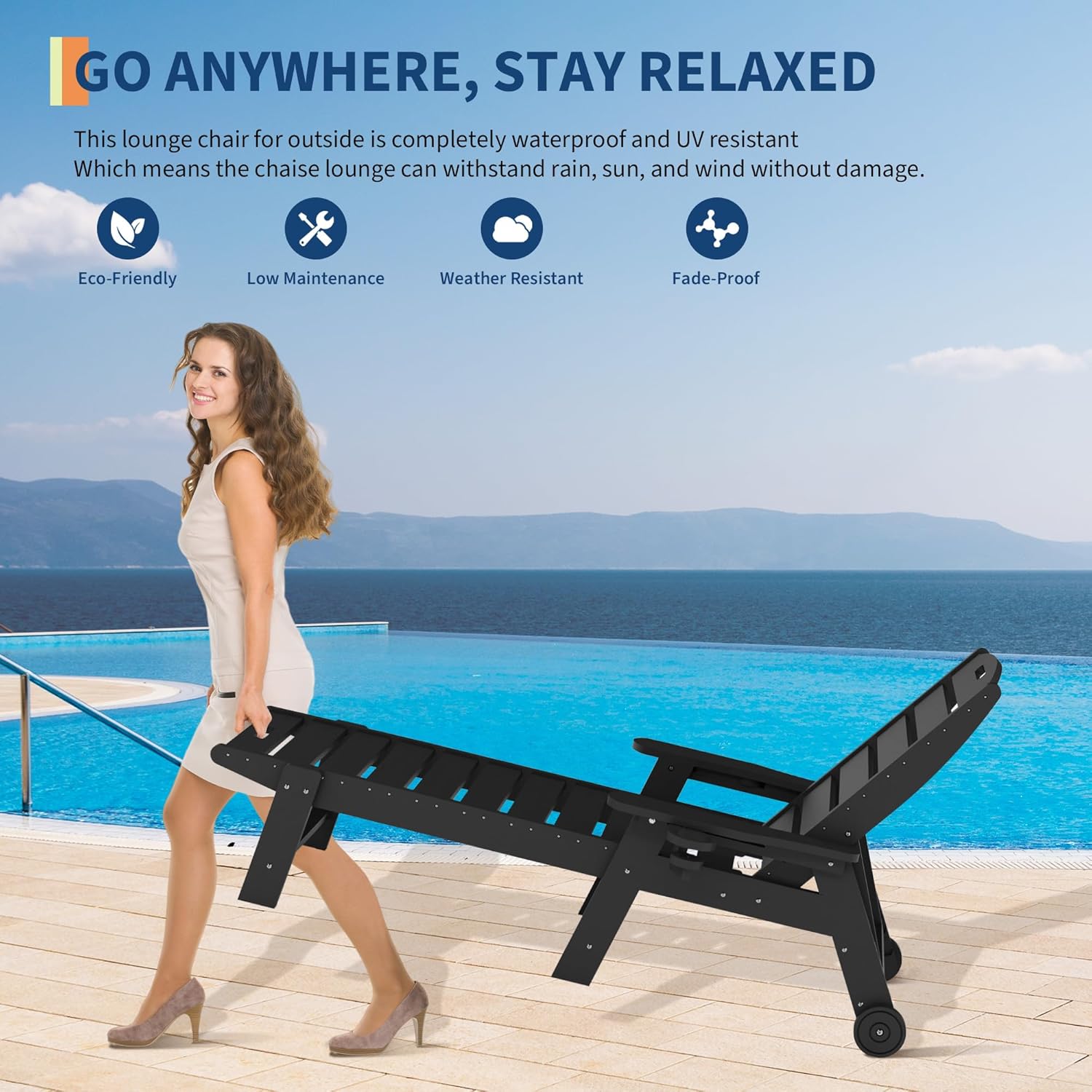HDPE 5-Position Outdoor Chaise Lounge Chair with Cup Holder and Wheels, Resin Pool Lounge Chair for Outside, Adjustable HDPE Patio Loungers for Poolside, Patio, and Garden, Black