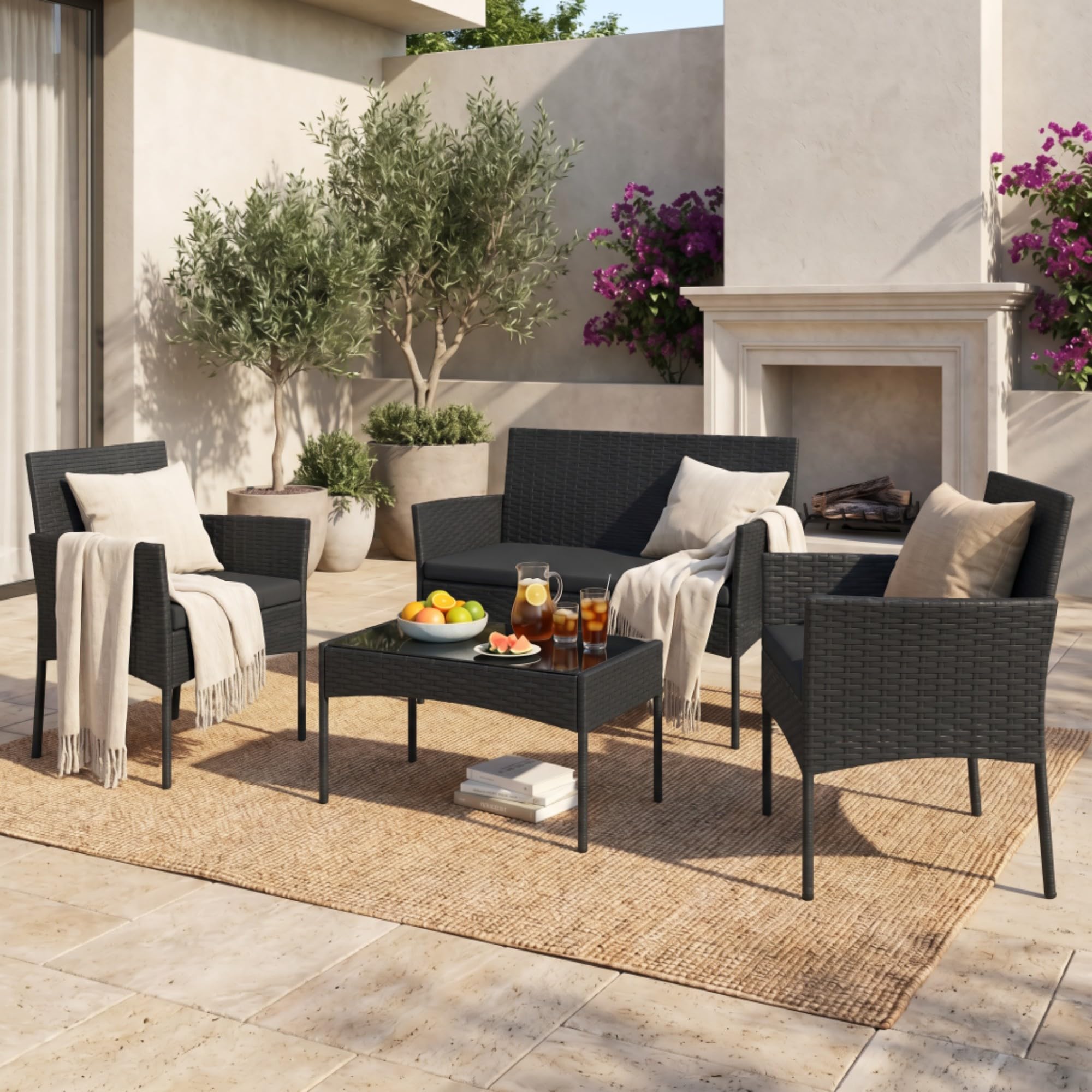 SOARS Salotto da Giardino 4 Pezzi, Set da Esterno in Rattan con 1 Divano 2 Posti, 2 Poltrone, 1 Tavolino in Vetro Temperato, Set Mobili da Giardino con Cuscini per Balcone, Terrazzo (Nero)