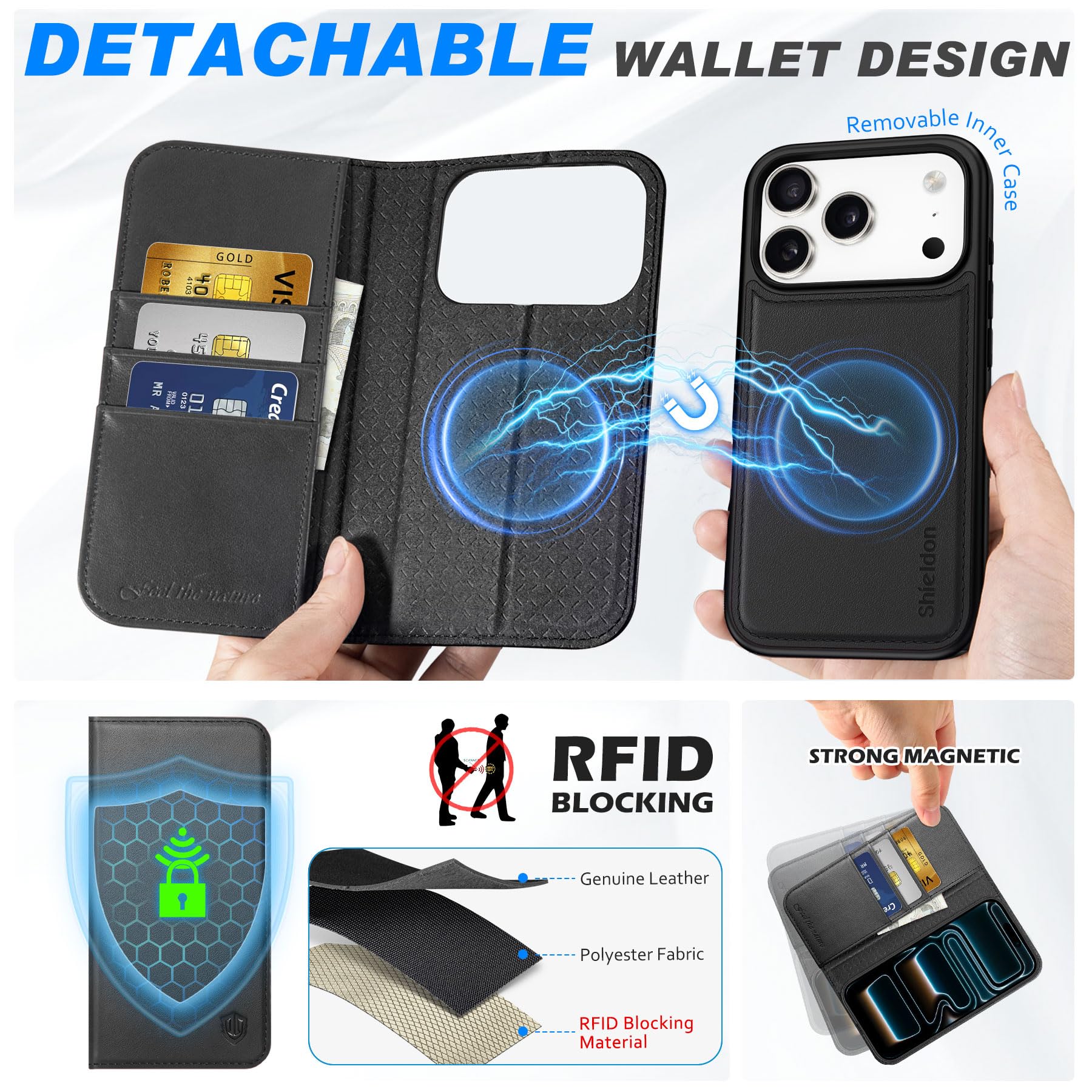 SHIELDON Hülle für iPhone 17 Pro 6,3" 2025, Echtleder Handyhülle [Abnehmbar] [Kabelloses Laden] [3 Kartenfach] [Ständer] [RFID Blocker] [Handy-Ösen] 2 IN 1 Magnet Klapphülle - Schwarz