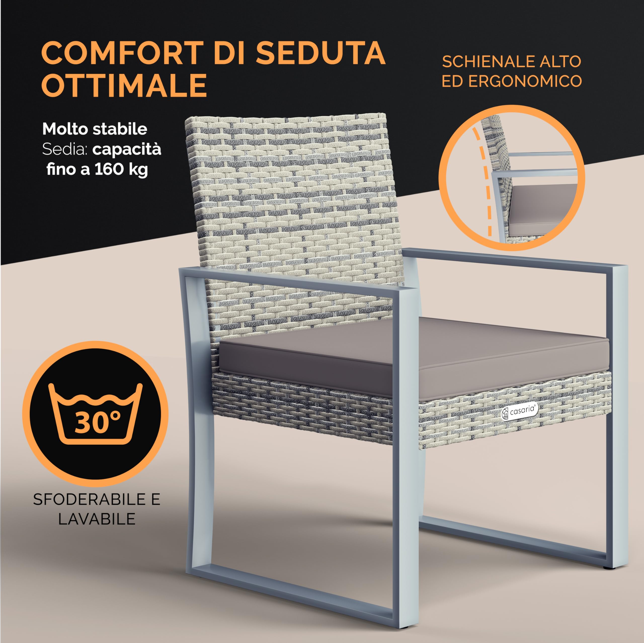 Casaria Mobili Giardino Polyrattan Robusto Tavolo WPC 160kg 2 Sedie Regolabili Cuscini Terrazza Balcone Lounge Set