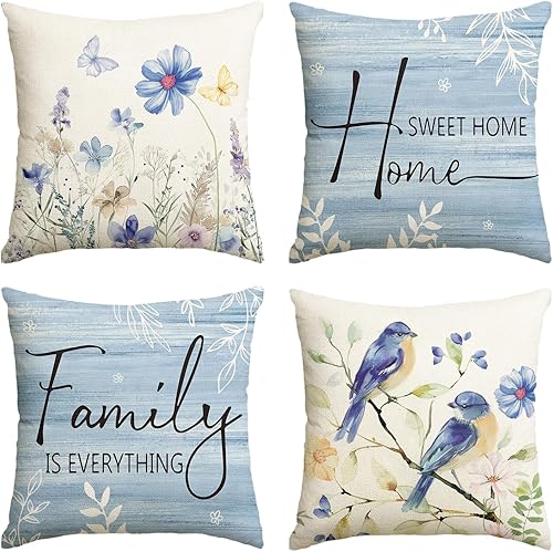 AVOIN colorlife - Juego de 4 fundas de cojín decorativas con flores, mariposas y pájaros de la primavera, con texto "Home Sweet Home" en azul de 16