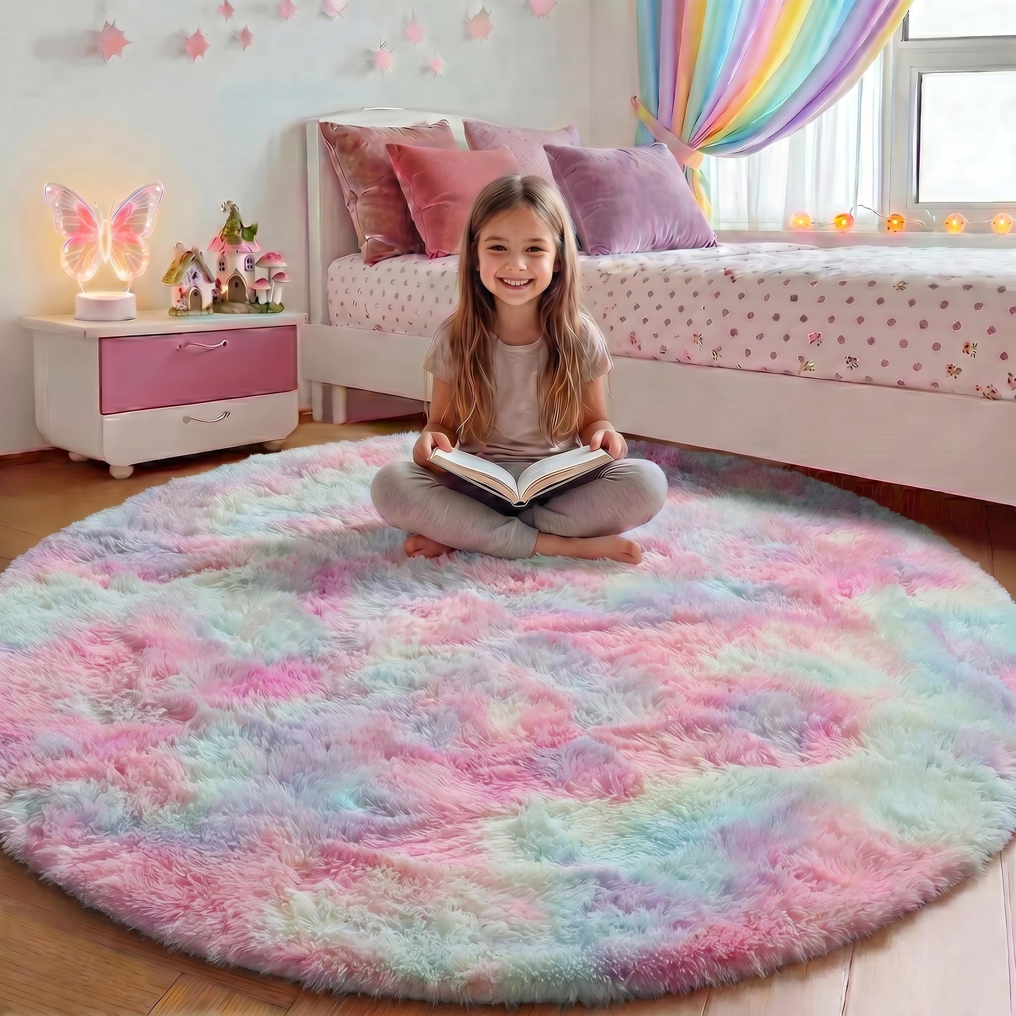 ONASAR Tęczowy okrągły dywanik, 1,2 m, miękki dywan do sypialni, okrągłe dywany dla dzieci, dziewcząt, nastolatków, kawaii, puszysty, pluszowy, kudłaty dywan do pokoju dziecięcego, salonu, pokoju