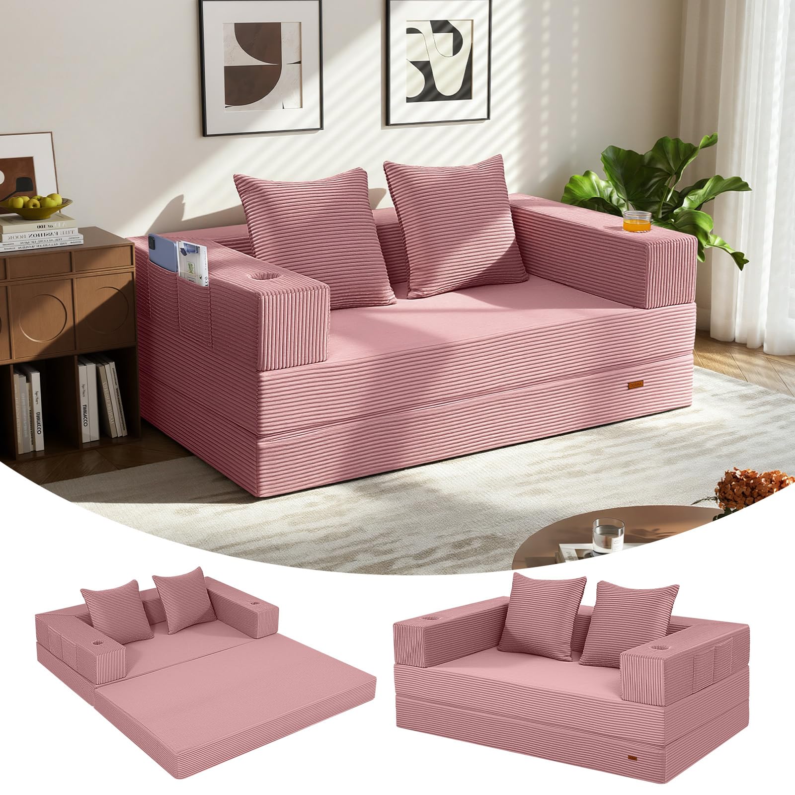 MeMoreCool Convertible Floor Sofa Bed, Corduroy Folding Boneless Couch for Small Spaces, High-Density Foam Fold Out Guest Bed with Removable Washable Cover, No Assembly Futon Sofa for Flats, Pink