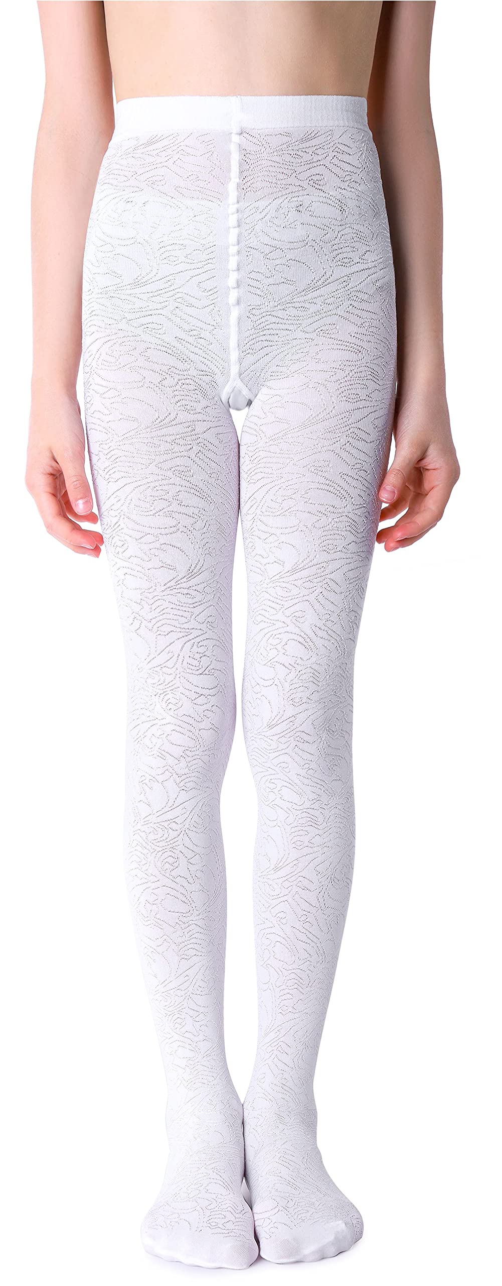 Noq Girls Nazca Bianco Tights With 3D Effect Pattern Plain Dance Gymnastic School Pantyhose Fancy Outfit Little Princess, 11-12 Years (146-152 Cm)
