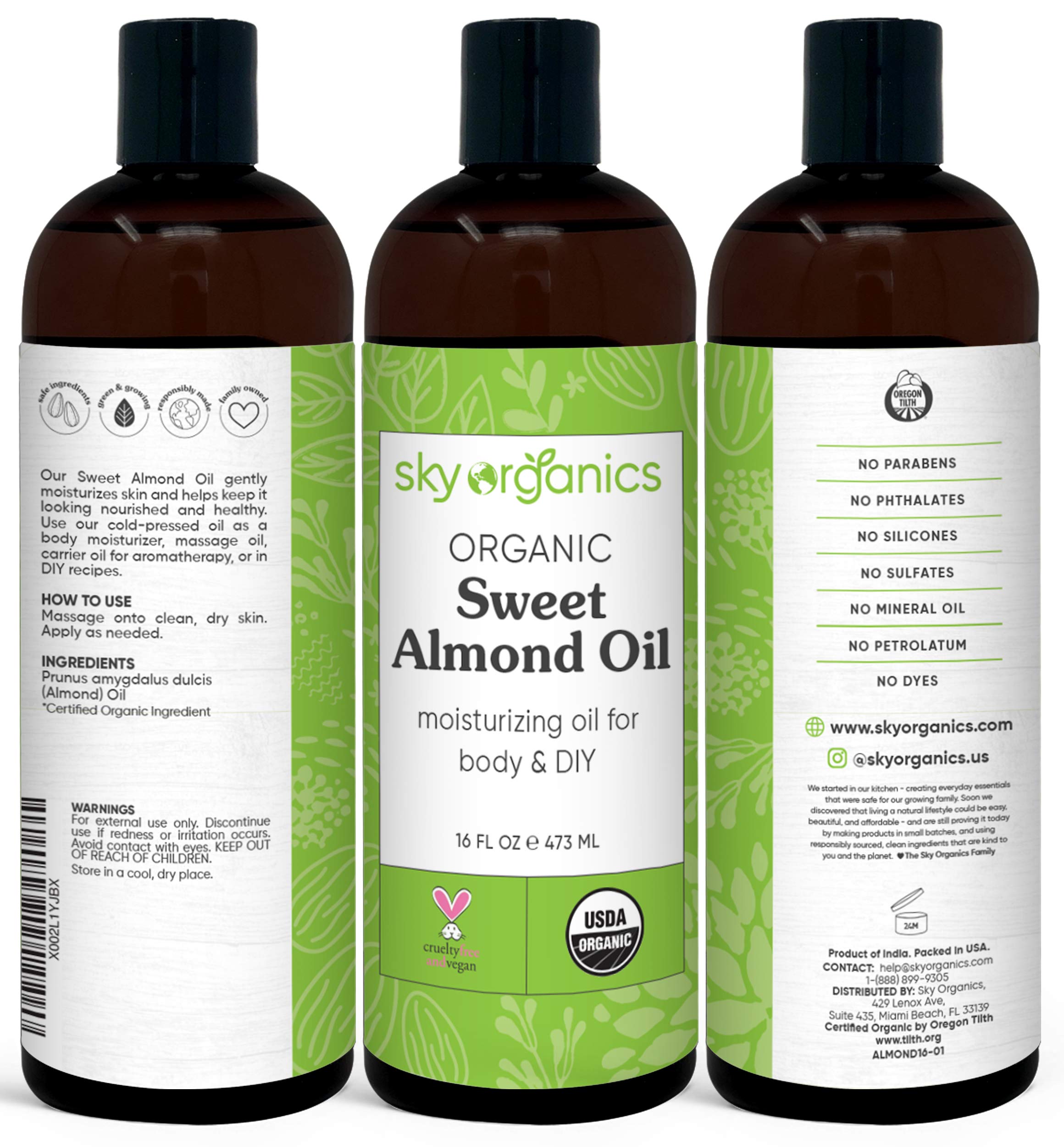 Organic Sweet Almond Oil (16 oz) by Sky Organics 100 Pure ColdPressed