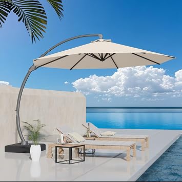 Kingdura 11ft Offset Cantilever Patio Umbrella with Base Included, Large Round Aluminum Outdoor Umbrella, 360 Rotation & Infinite Tilt, Heavy Duty Frame for Deck Pool Backyard, Creamy White