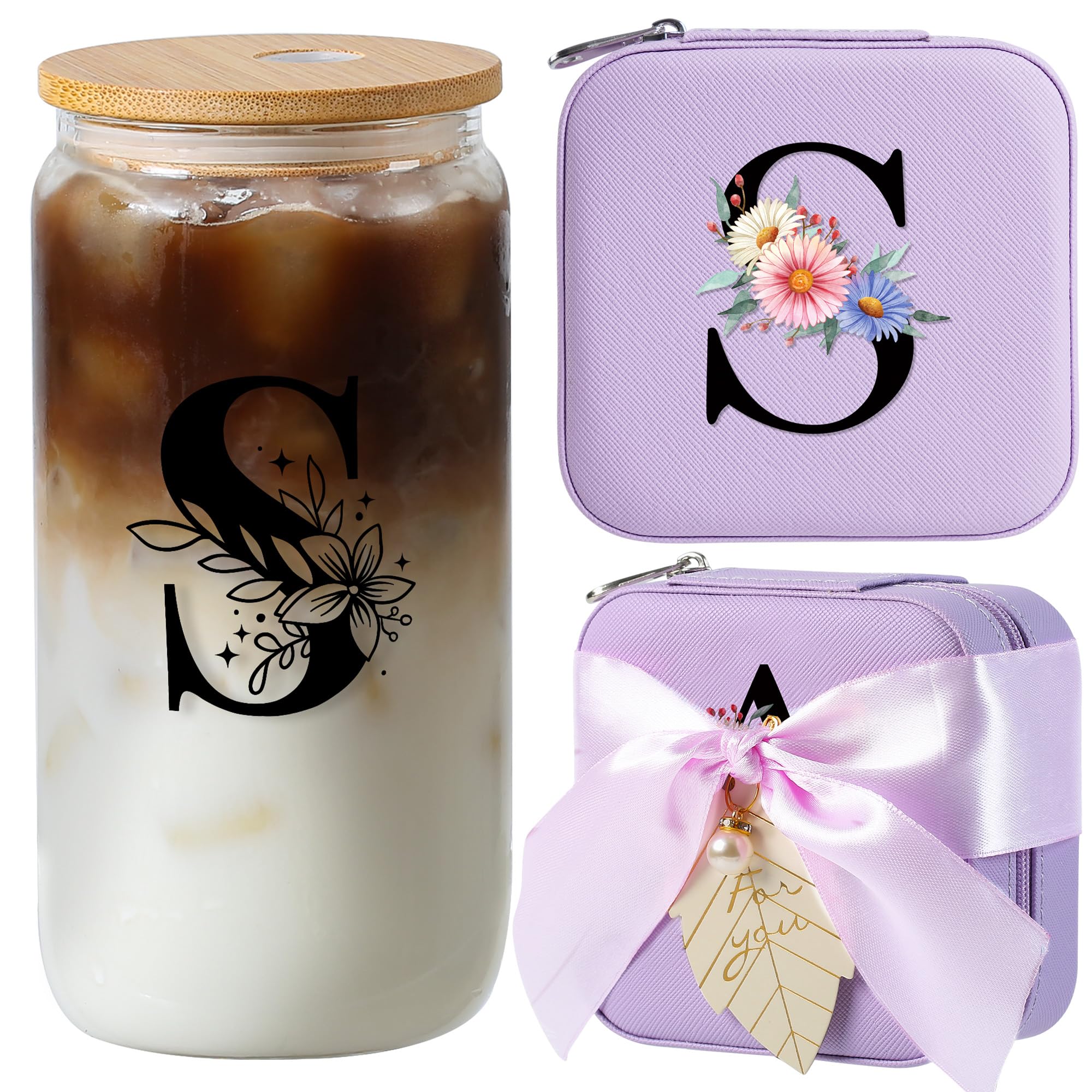 AYGXU Initial glass cups with lids and straws,personalized gifts for women,iced coffee cups,travel jewelry case organizer,small jewelry travel case,jewelry box for girls.Initial S purple
